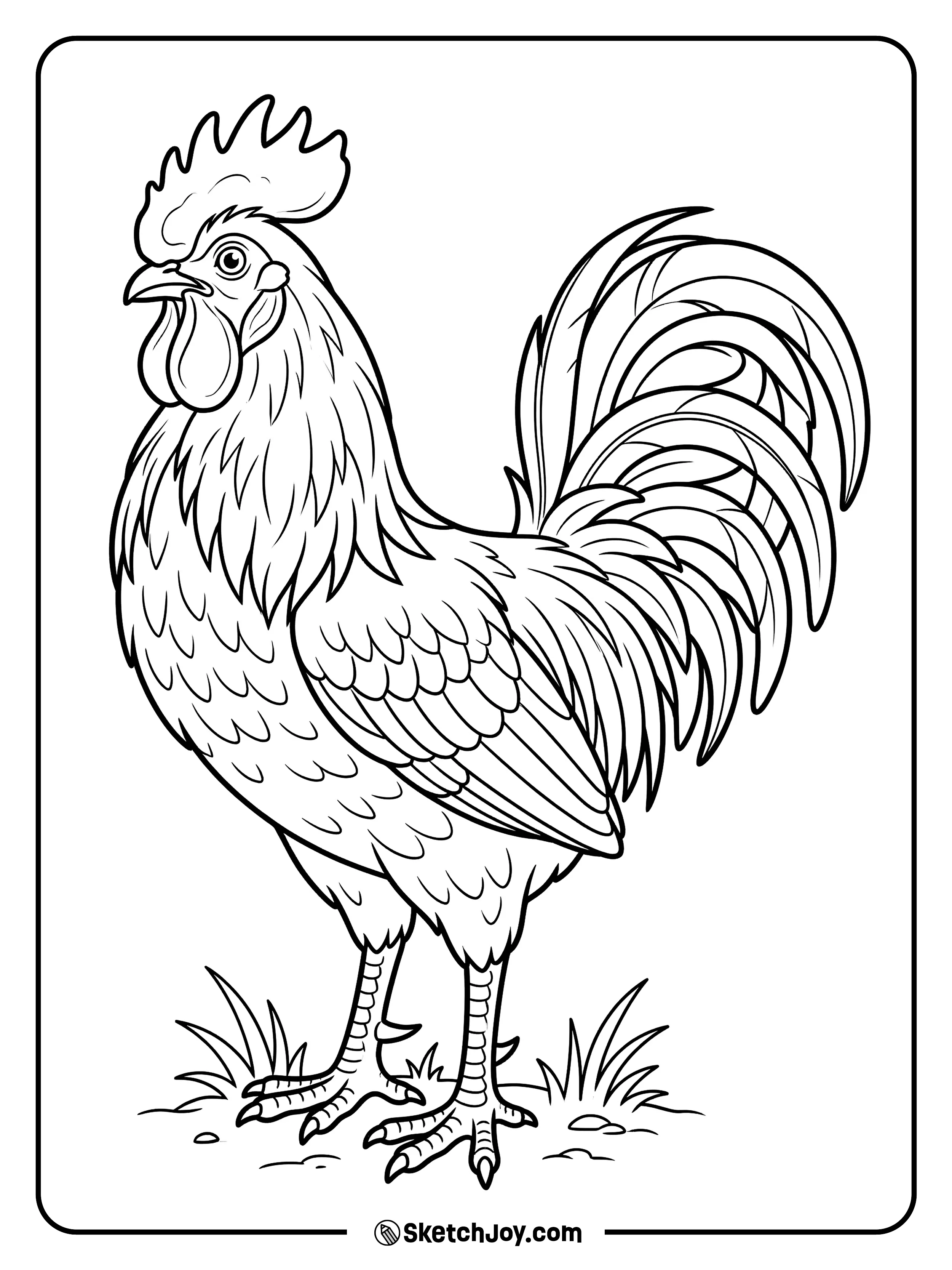A proud rooster shows off his big tail feathers and strong farm pose.