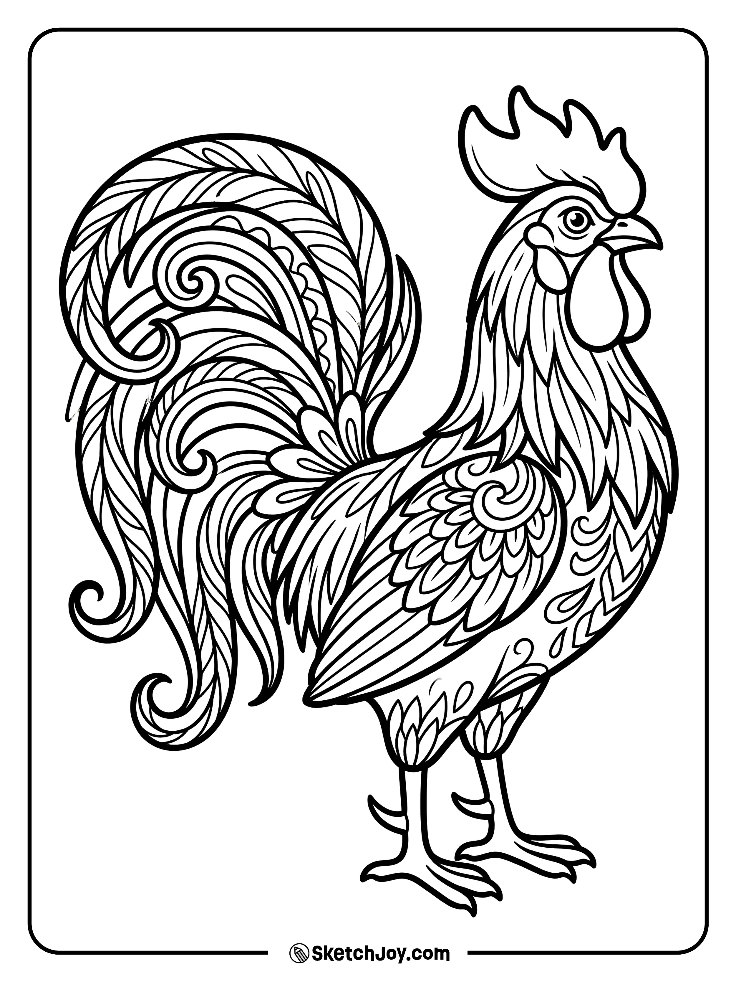 A rooster shows off its big tail feathers in a stylish pose.