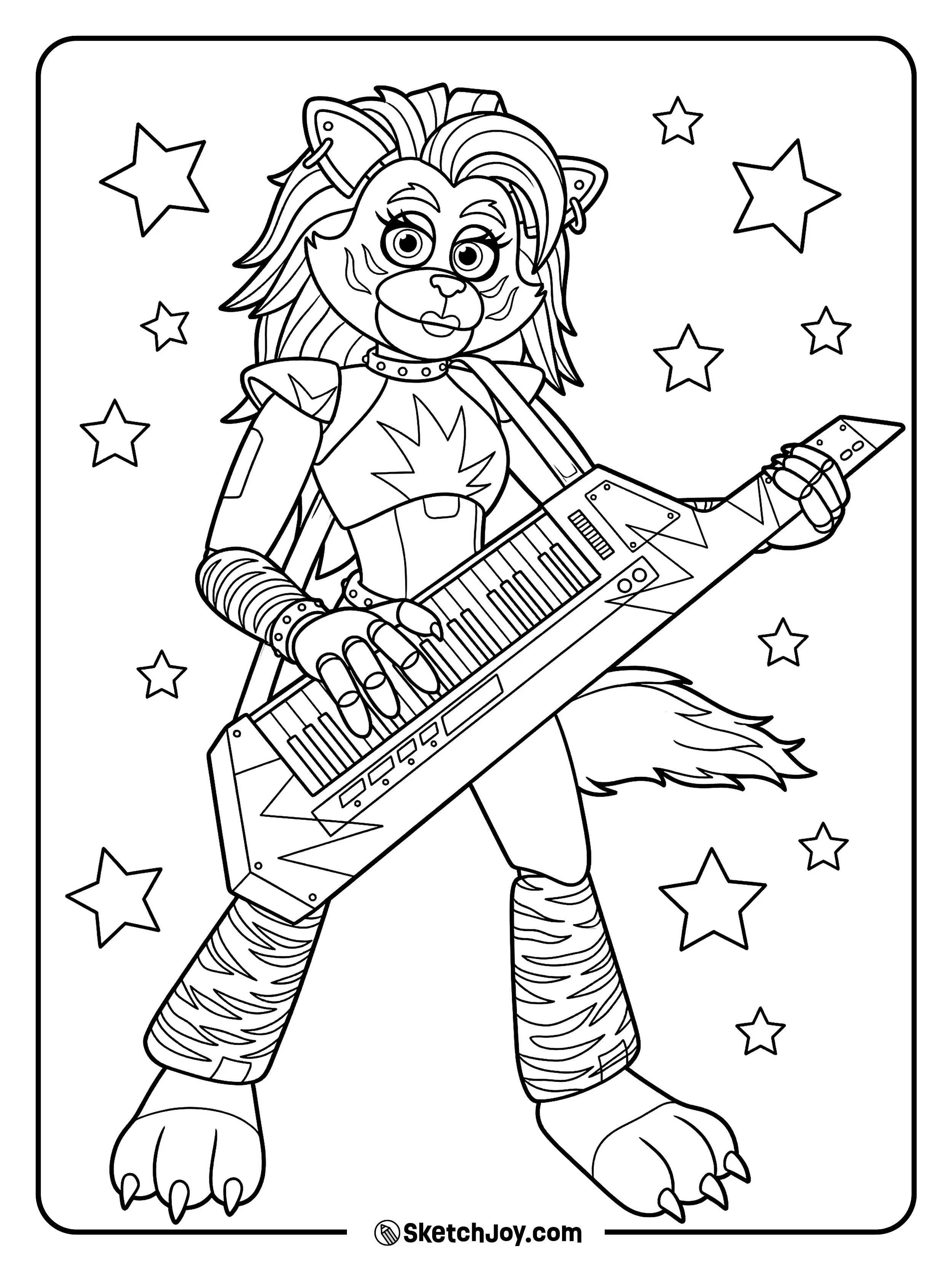 Roxanne Wolf stands tall with her keytar and a cool rockstar smile.