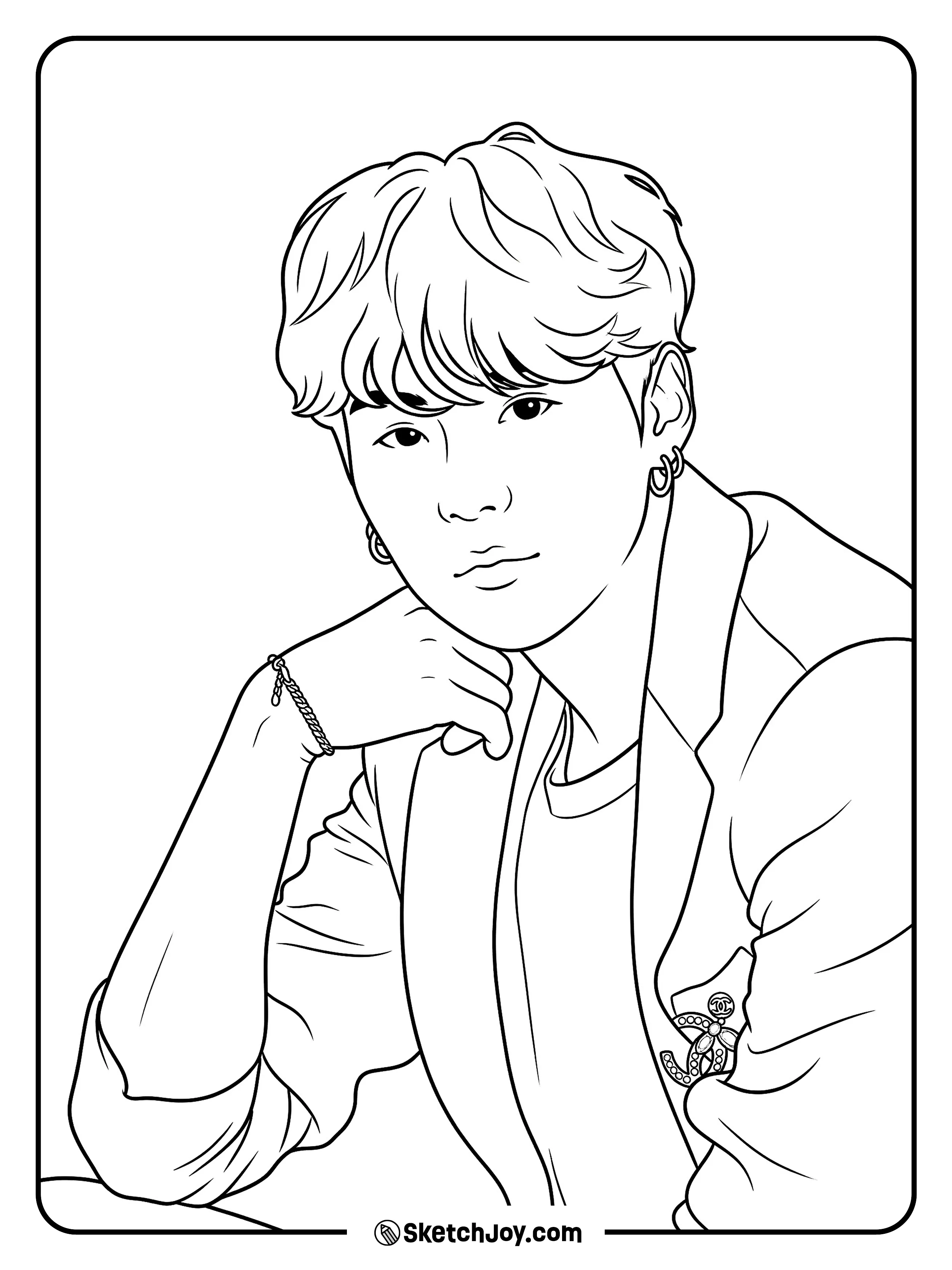 SUGA poses with a calm look and cool style in a clean portrait scene.