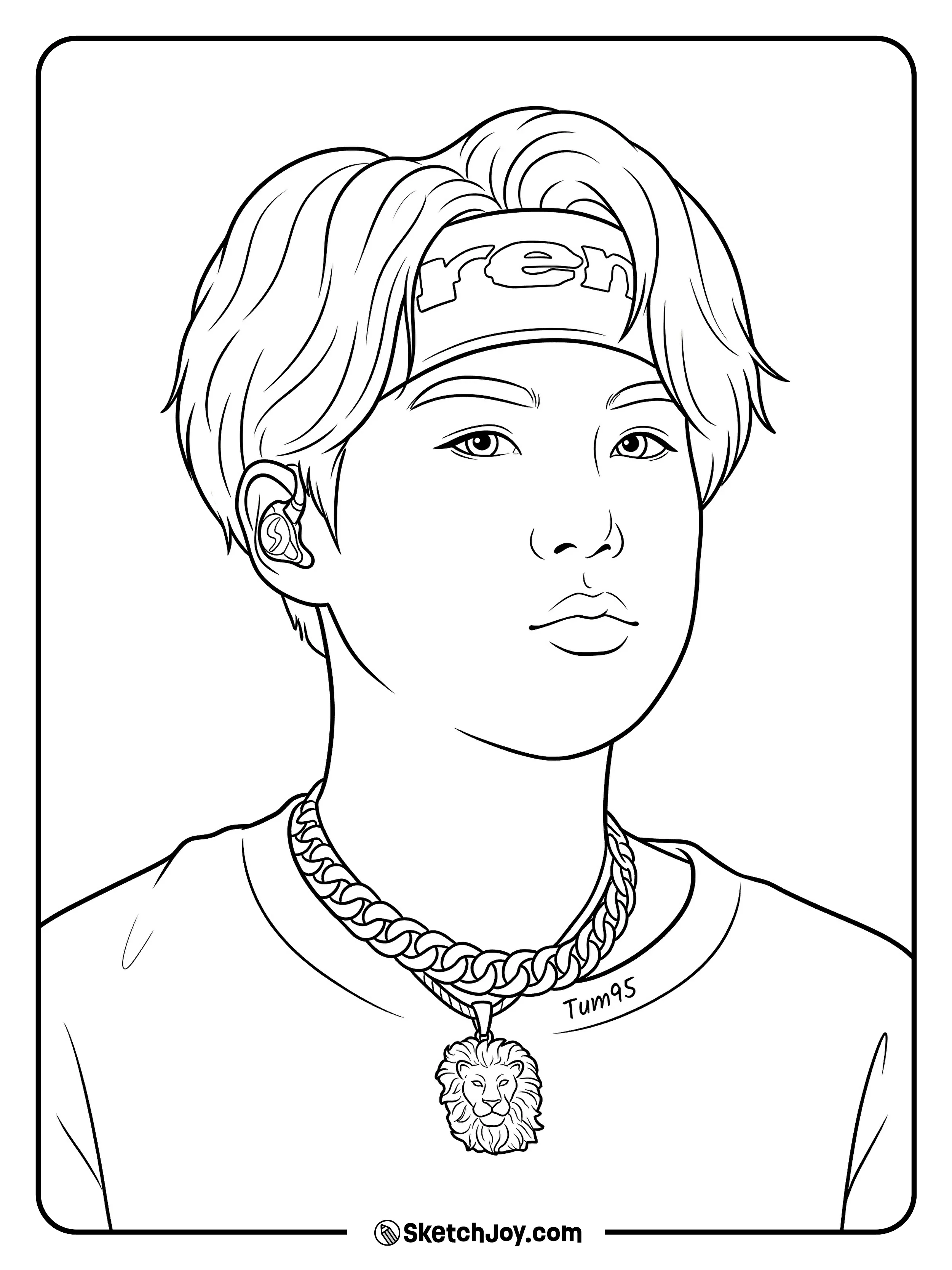 SUGA has a cool headband look with a bold chain and calm style.