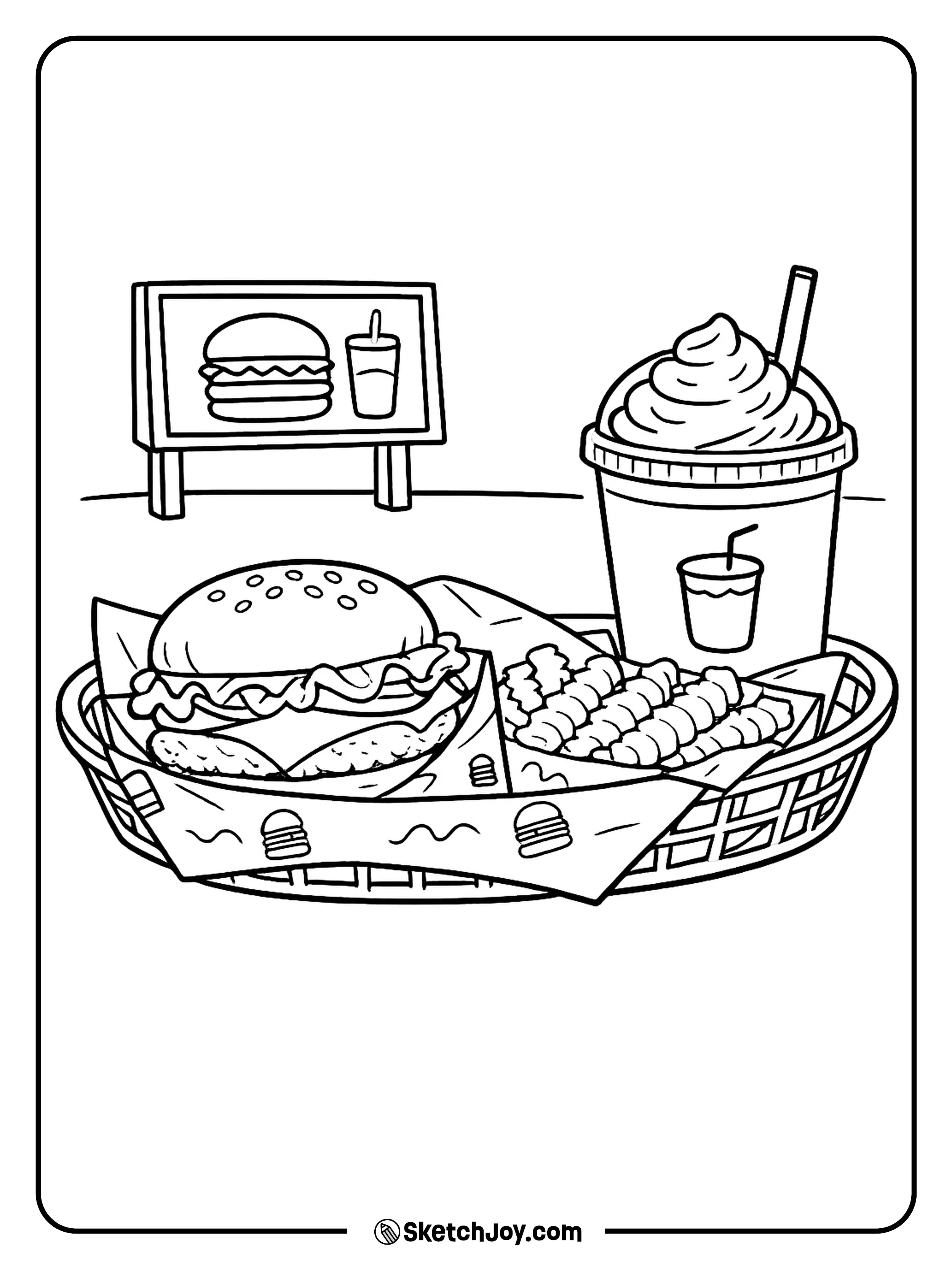 A burger basket meal with crinkle fries and a shake in a clean fast food scene.