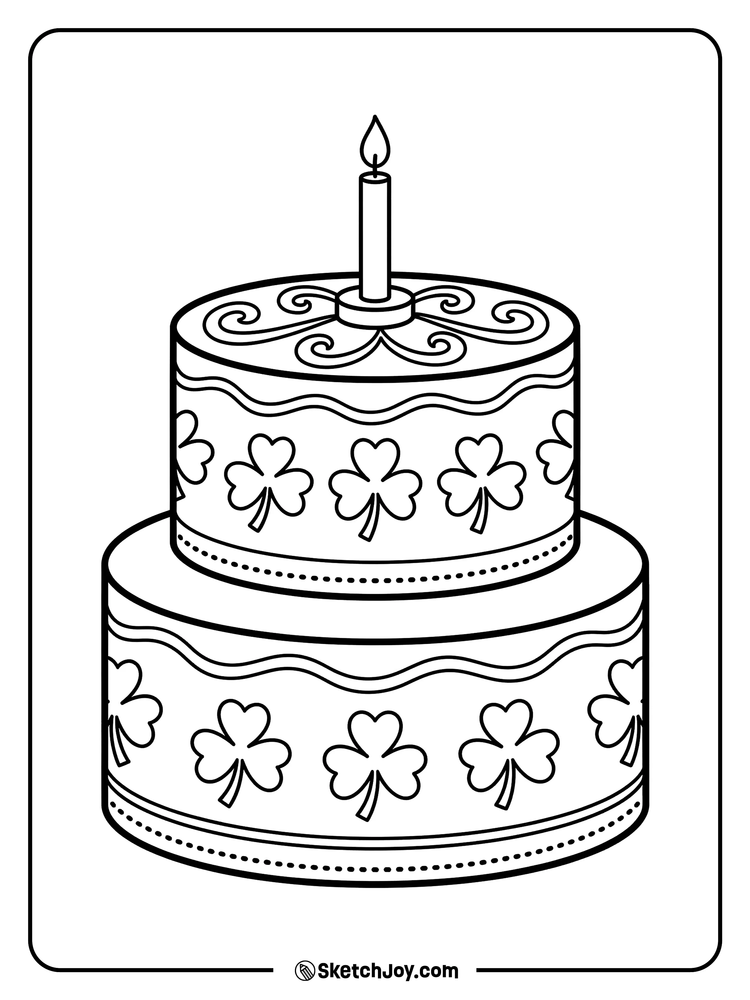 A big birthday cake decorated with shamrocks and one tall candle.