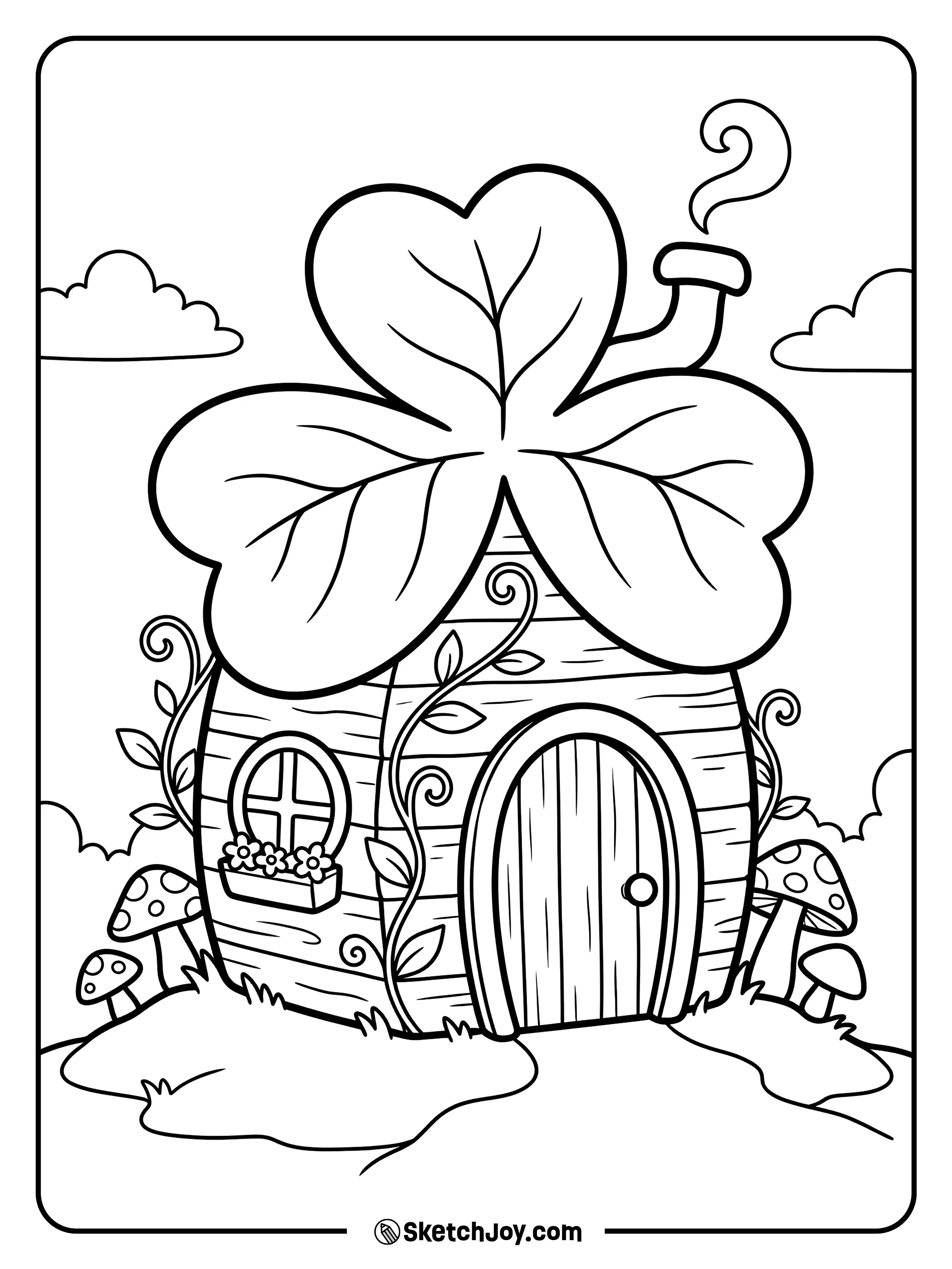 A tiny house shaped like a shamrock with a little round door.