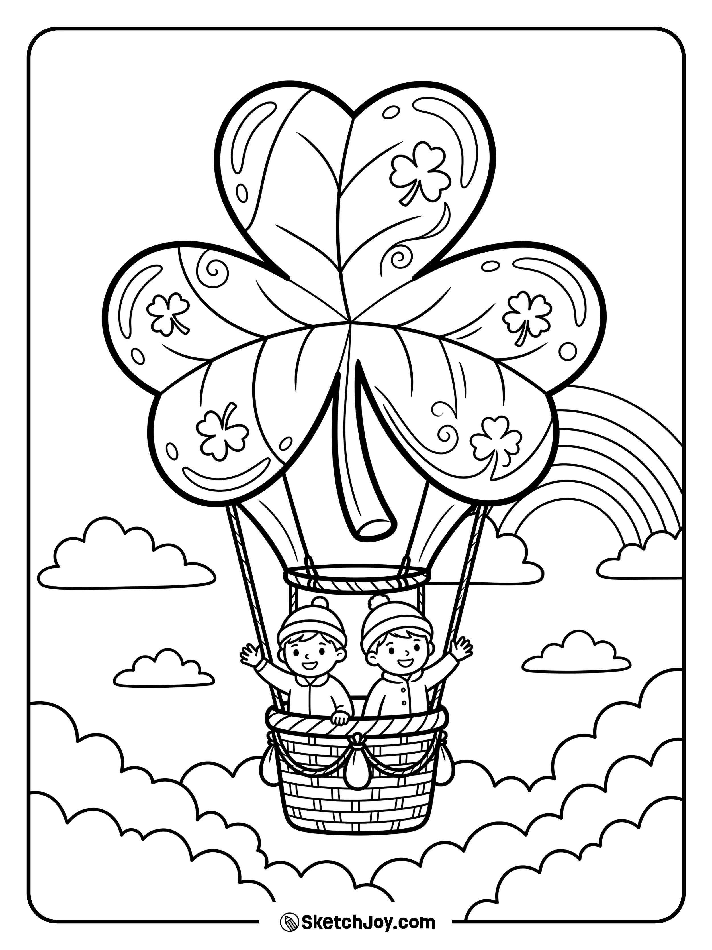 A giant shamrock-shaped balloon floating high above a few simple clouds.