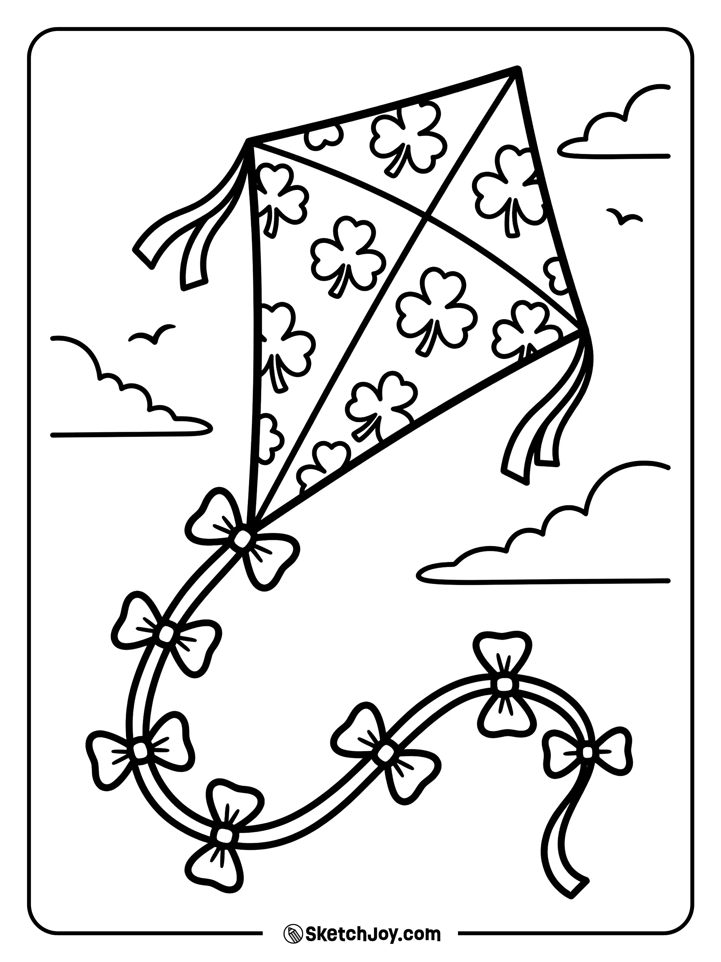 A kite shaped like a shamrock flying high in the windy sky.