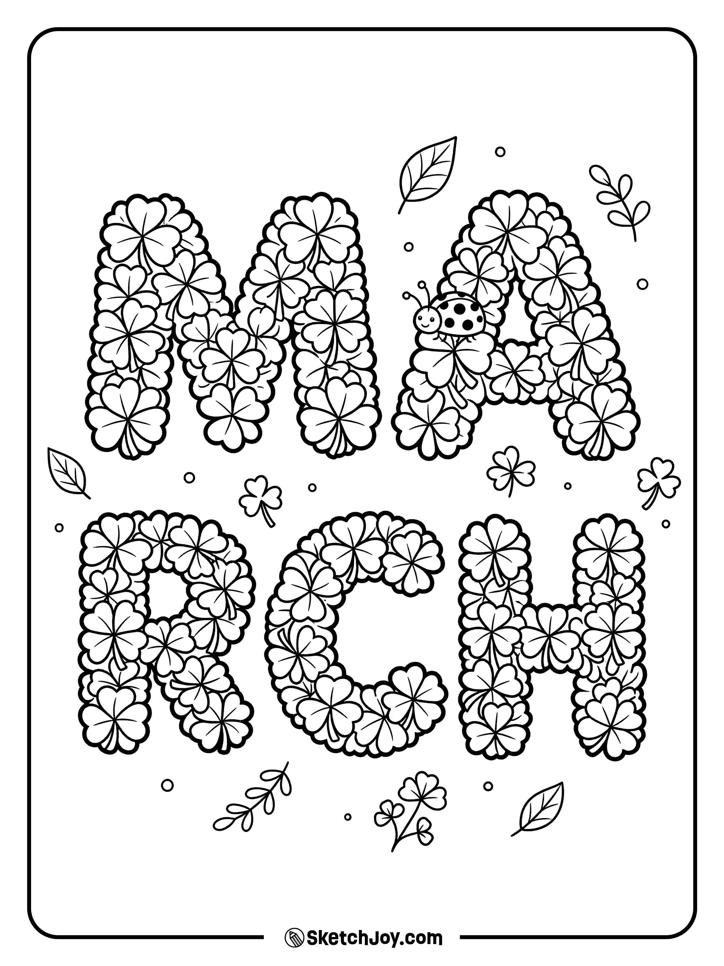 Big MARCH letters are made from shamrocks, with a cute ladybug and simple spring leaves around them.