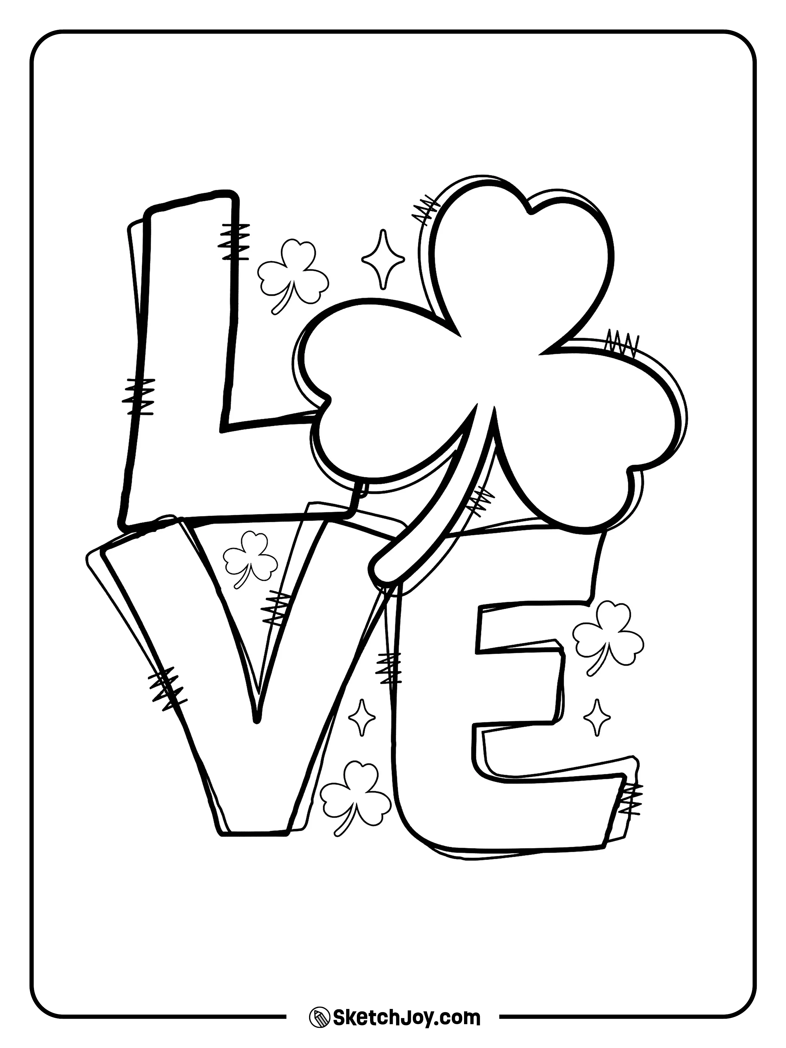 The word love is drawn in large, bold letters with a giant shamrock.