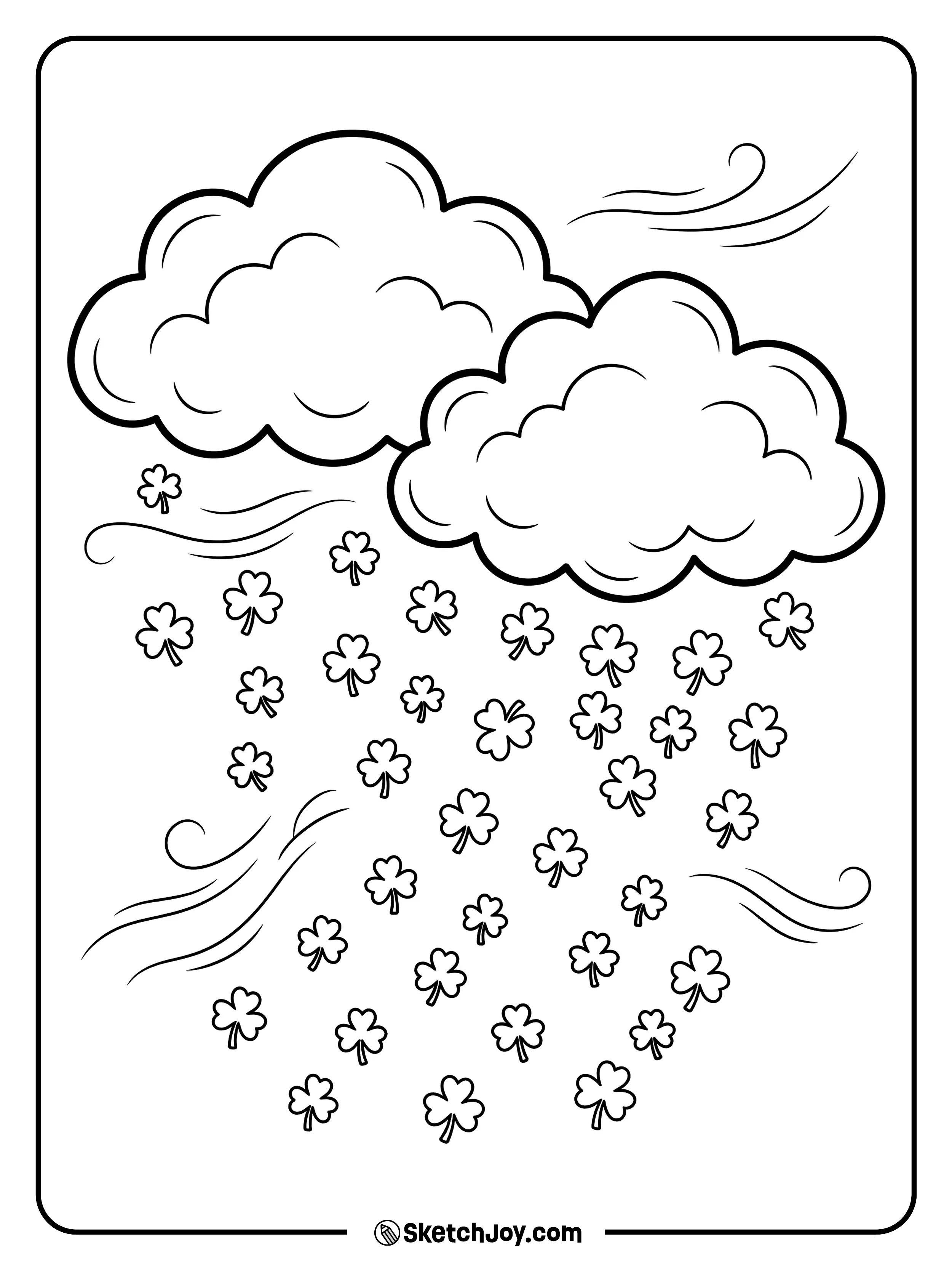 Happy clouds raining down tiny shamrocks instead of water drops.