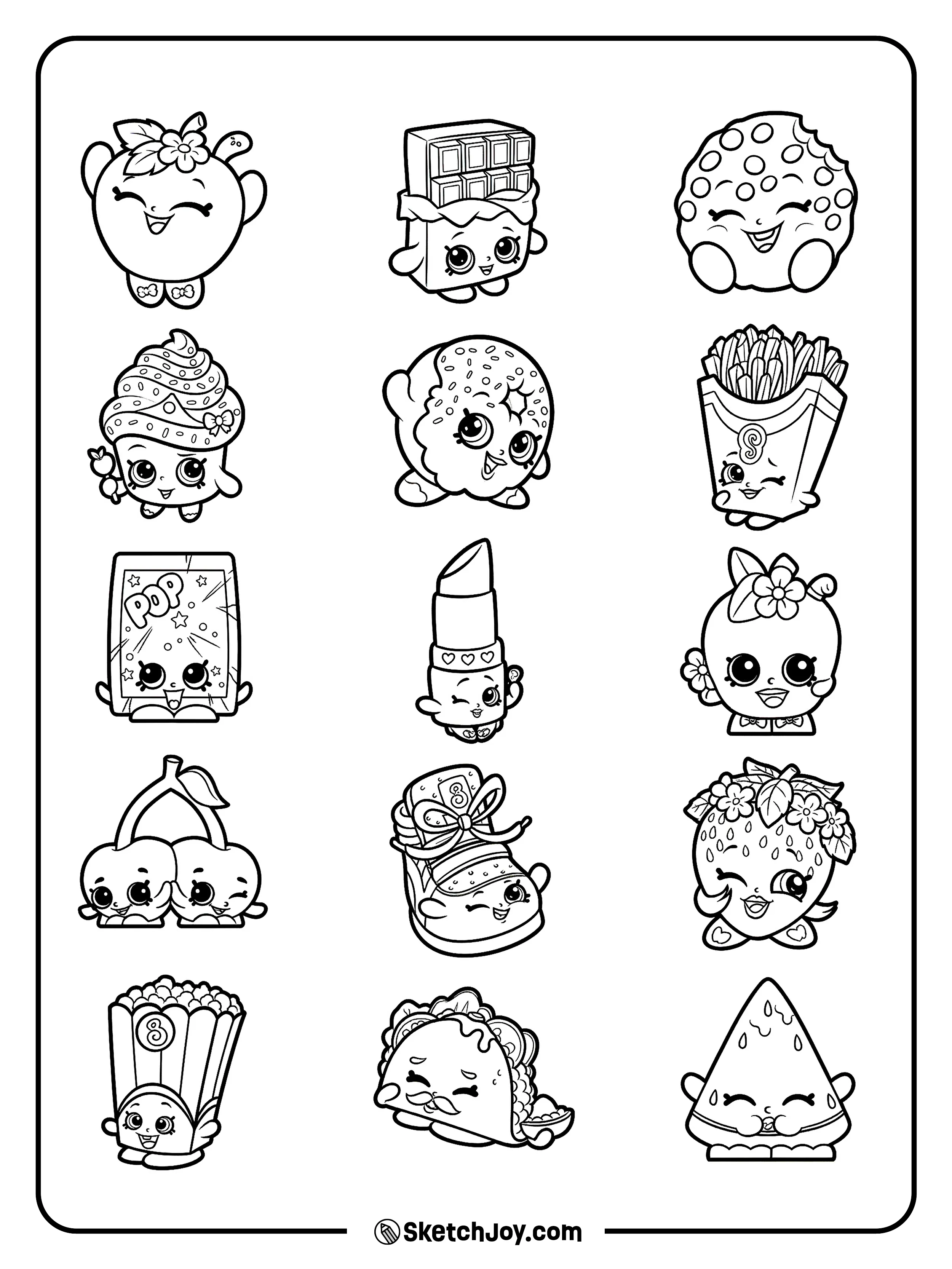 A fun set of Shopkins favorites appears in a neat grid with sweet and playful styles.