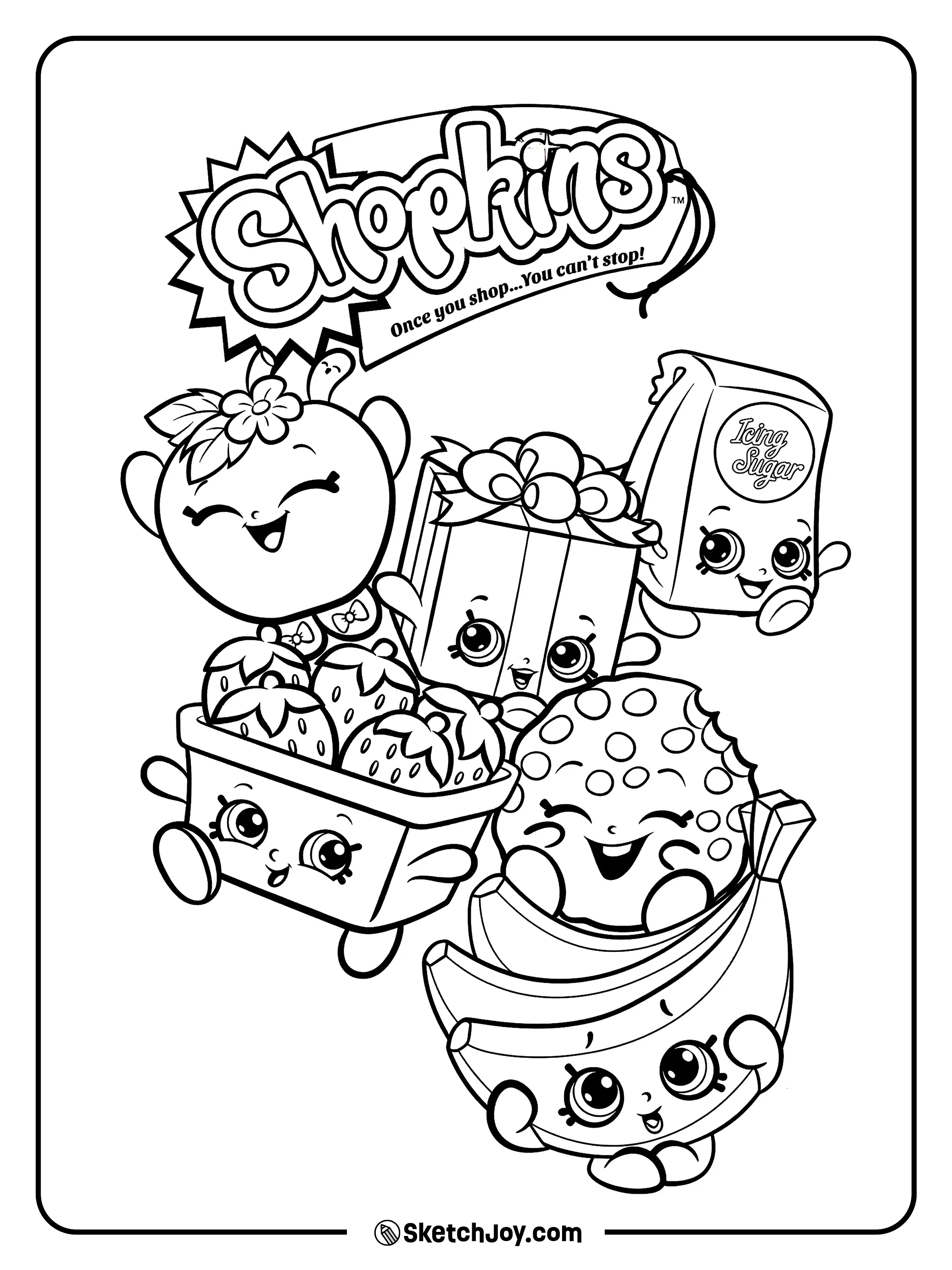 A happy group of Shopkins friends poses together with cute little items around them.