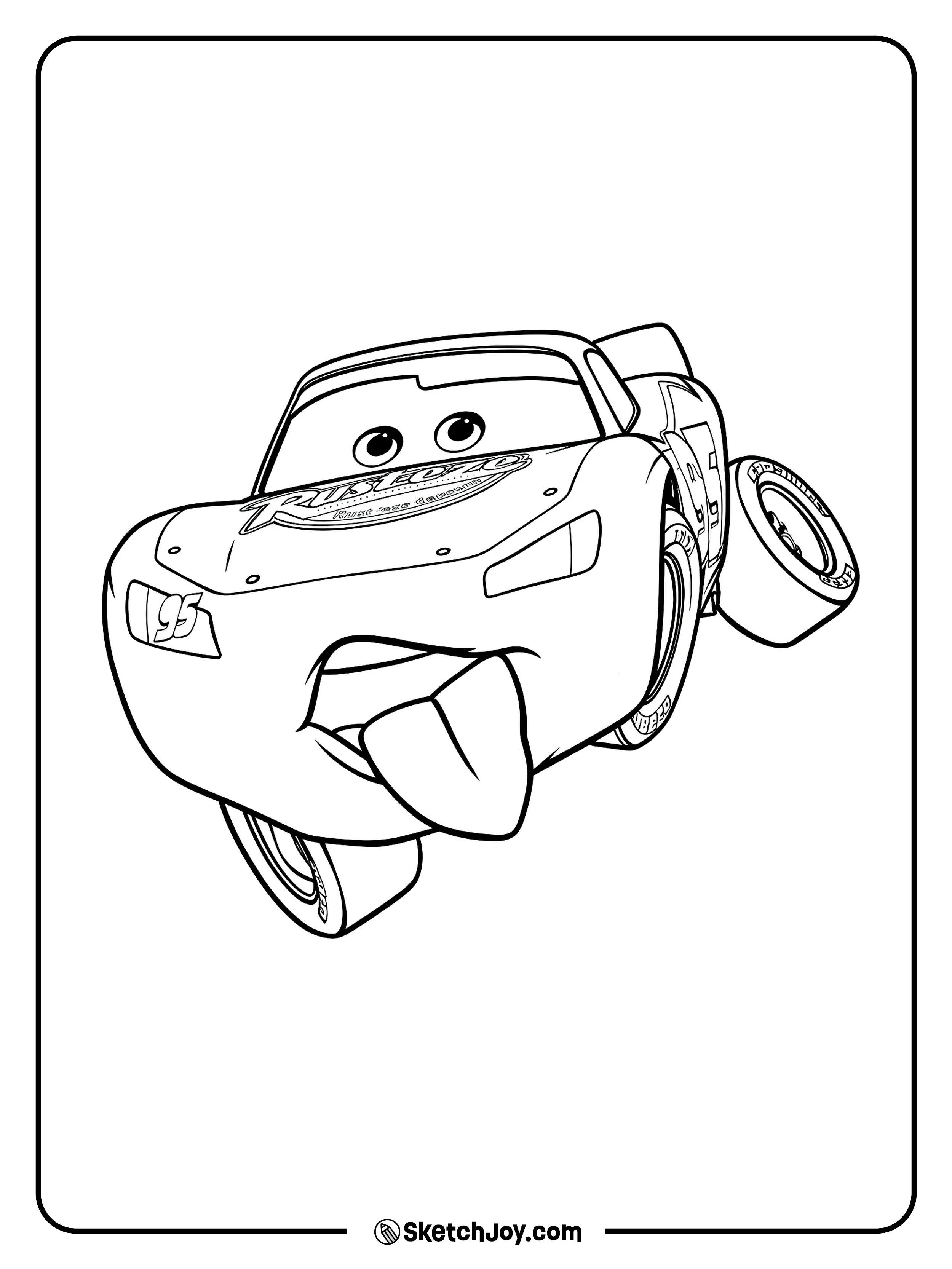 Lightning McQueen makes a goofy face with his tongue out in a funny close-up scene.