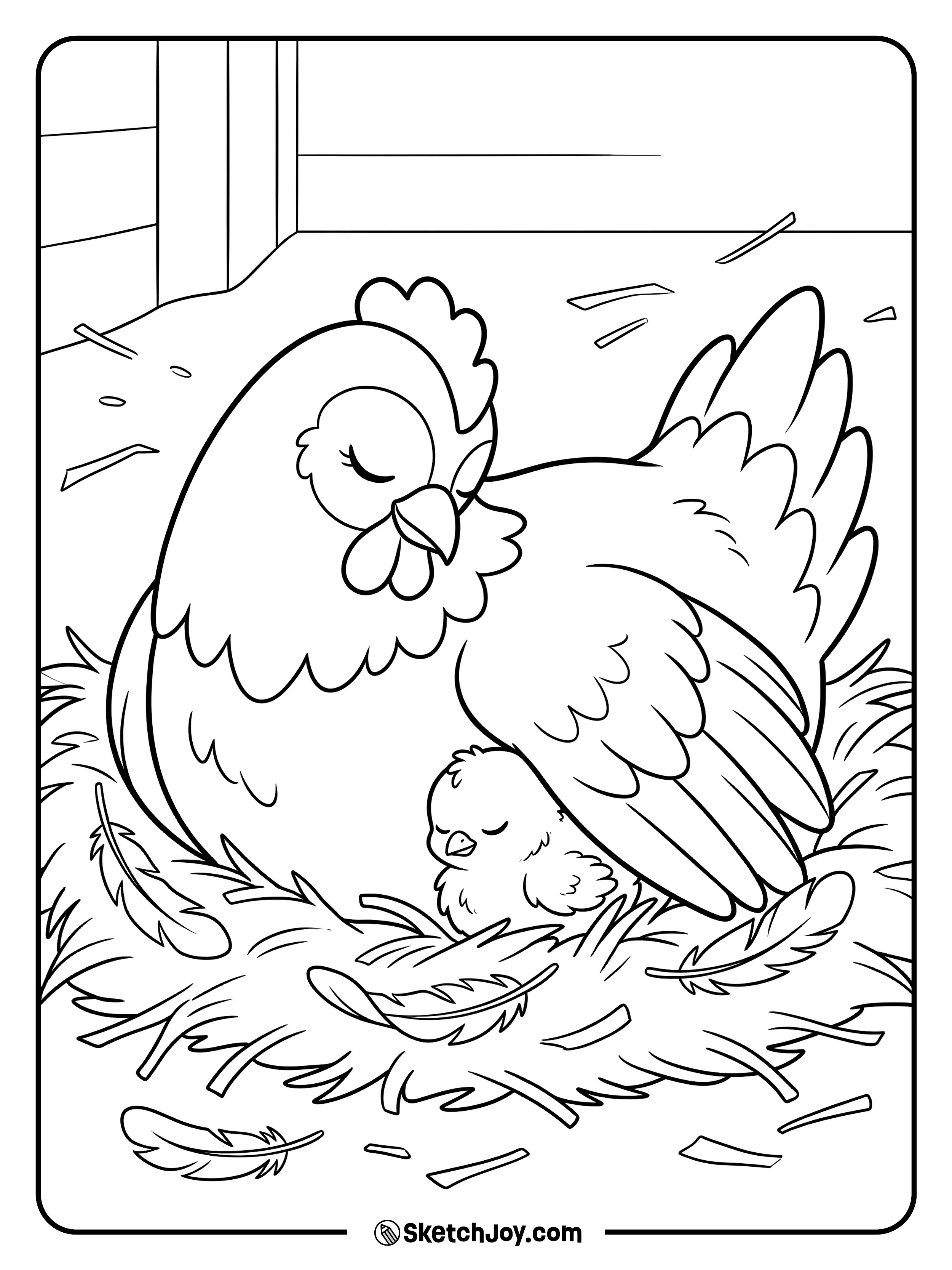 A tiny chick sleeps safely under its mother’s wing.