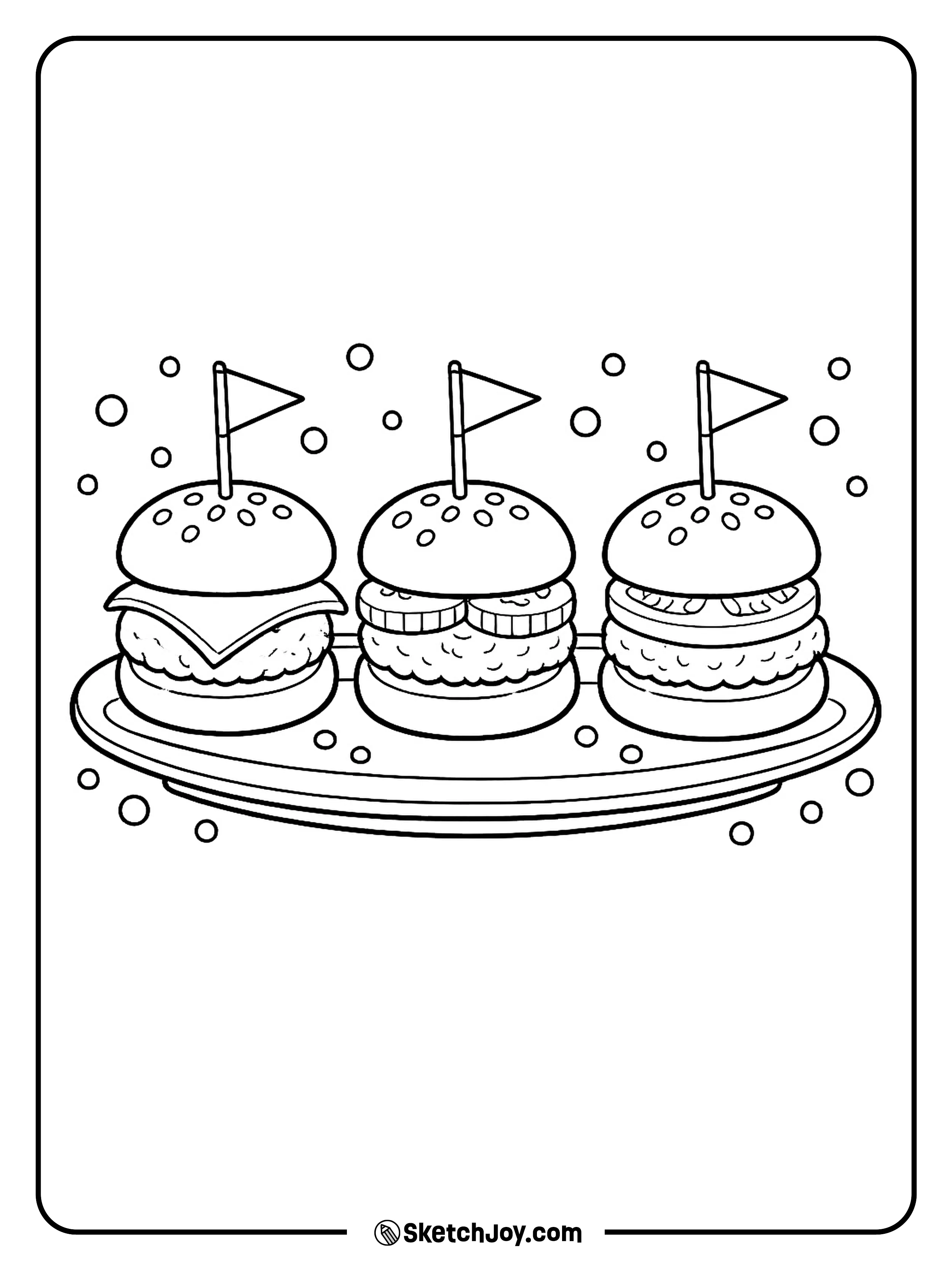 Three mini burgers sit on one plate in a fun party snack scene.