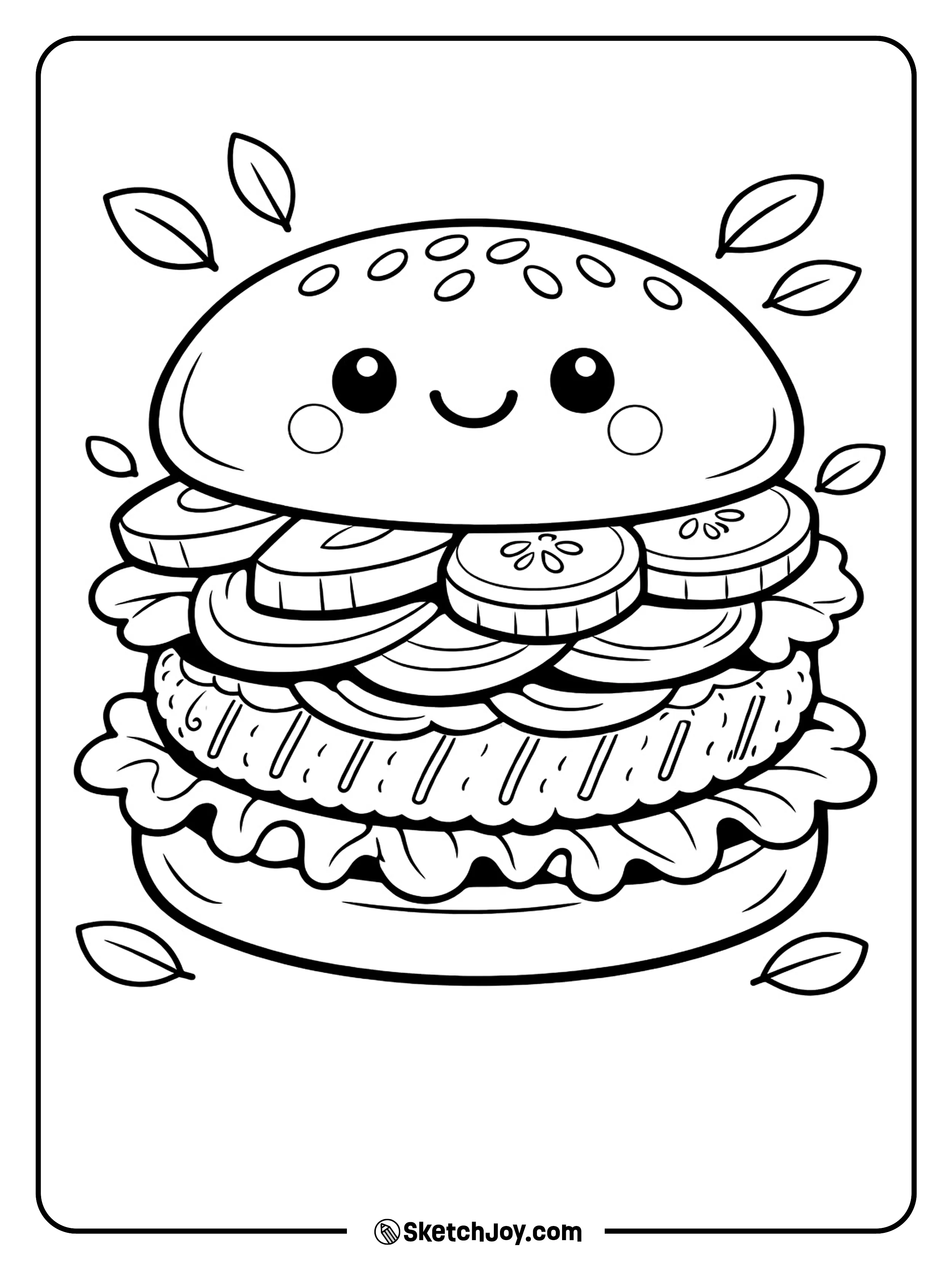 A veggie burger with fresh toppings and a happy cartoon face.