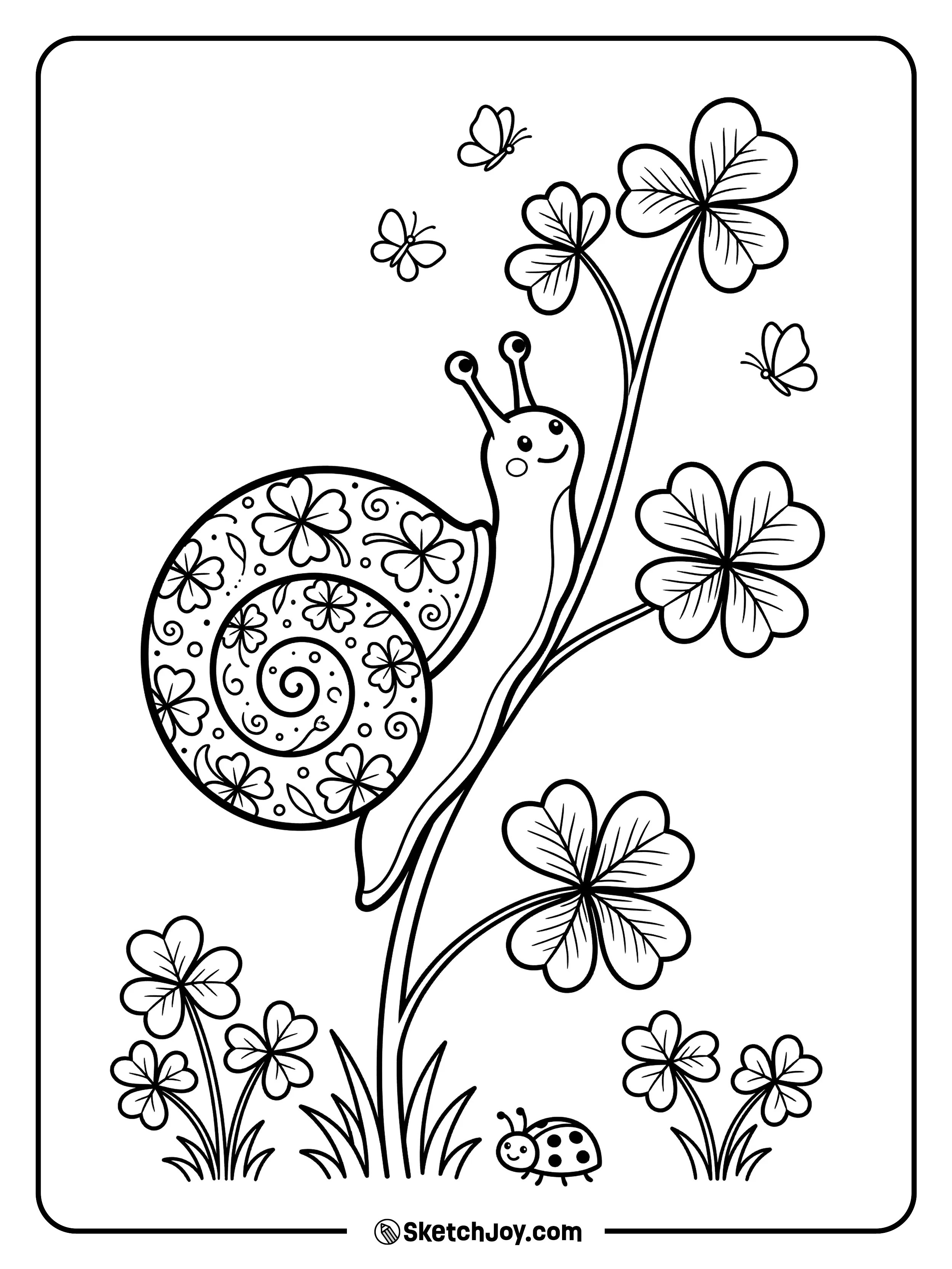 A slow snail with a shamrock pattern on its shell climbing a plant.