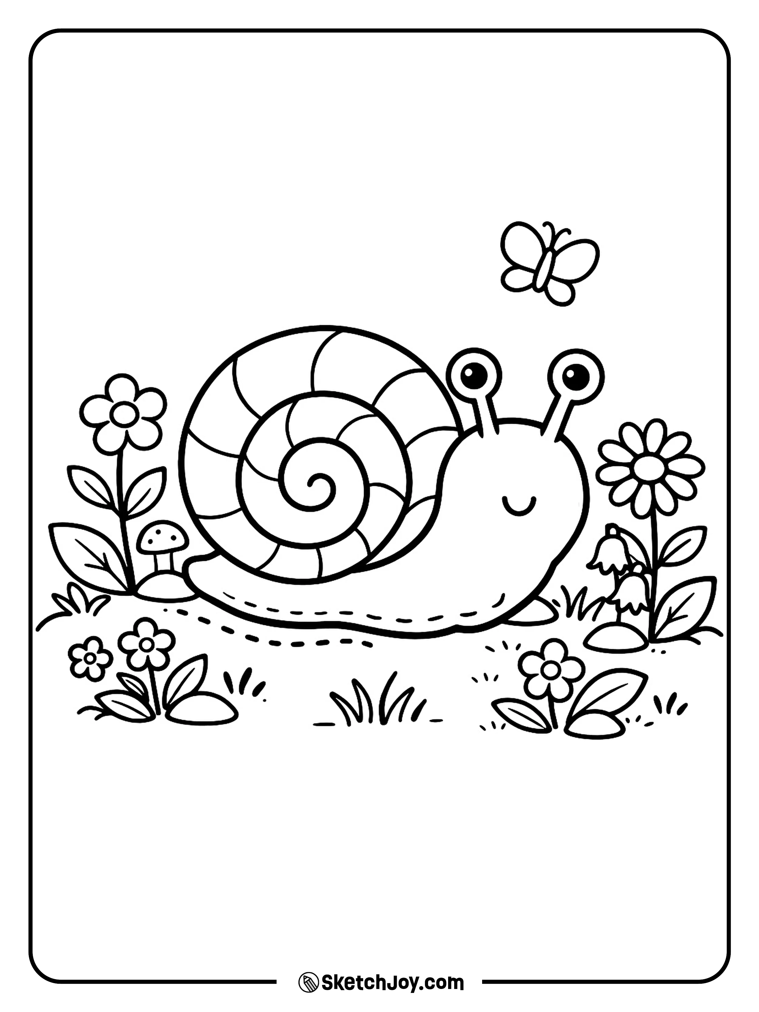A little snail crawls past blooms and leaves.