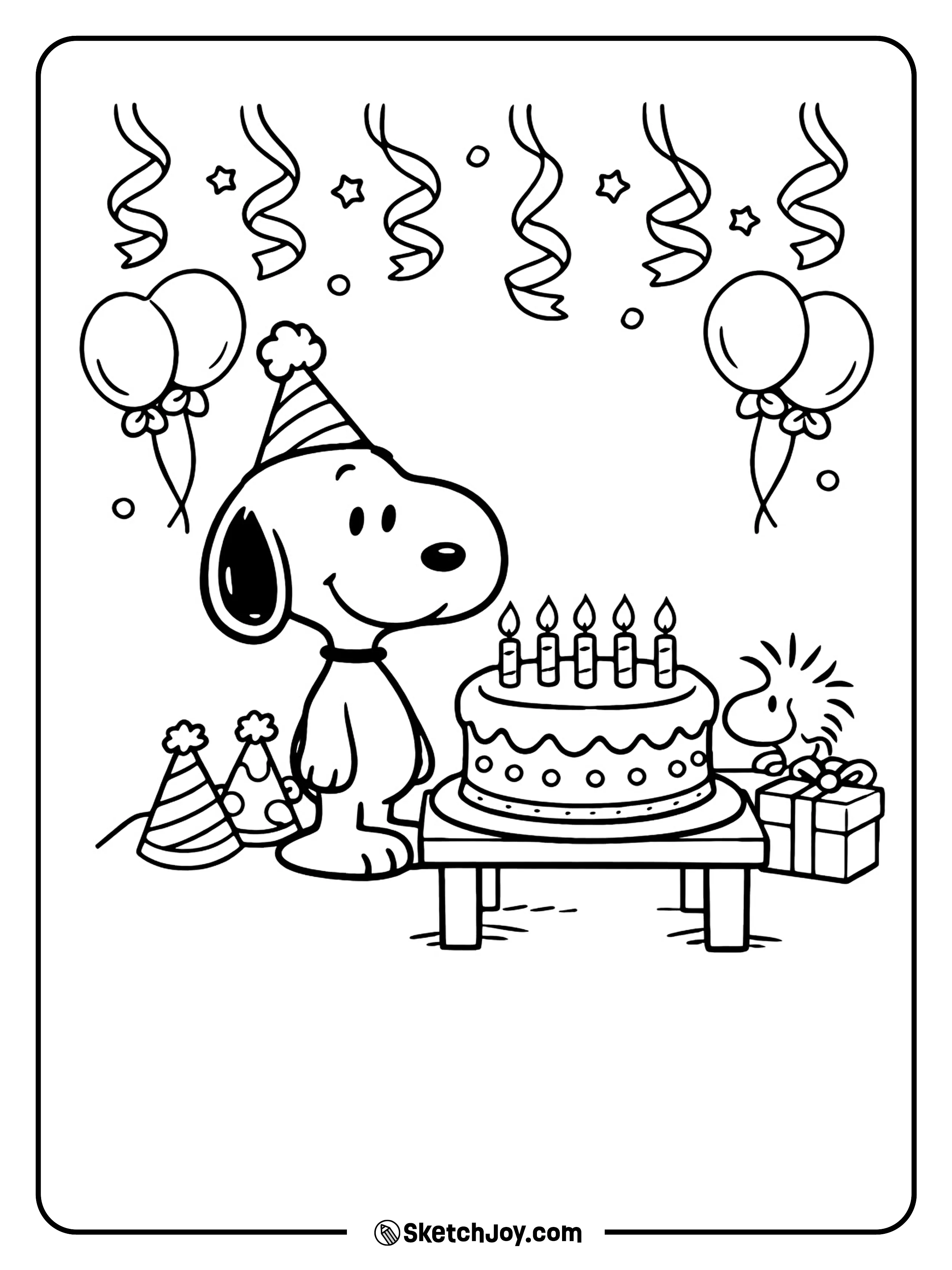 Snoopy smiles beside a birthday cake with candles on top.