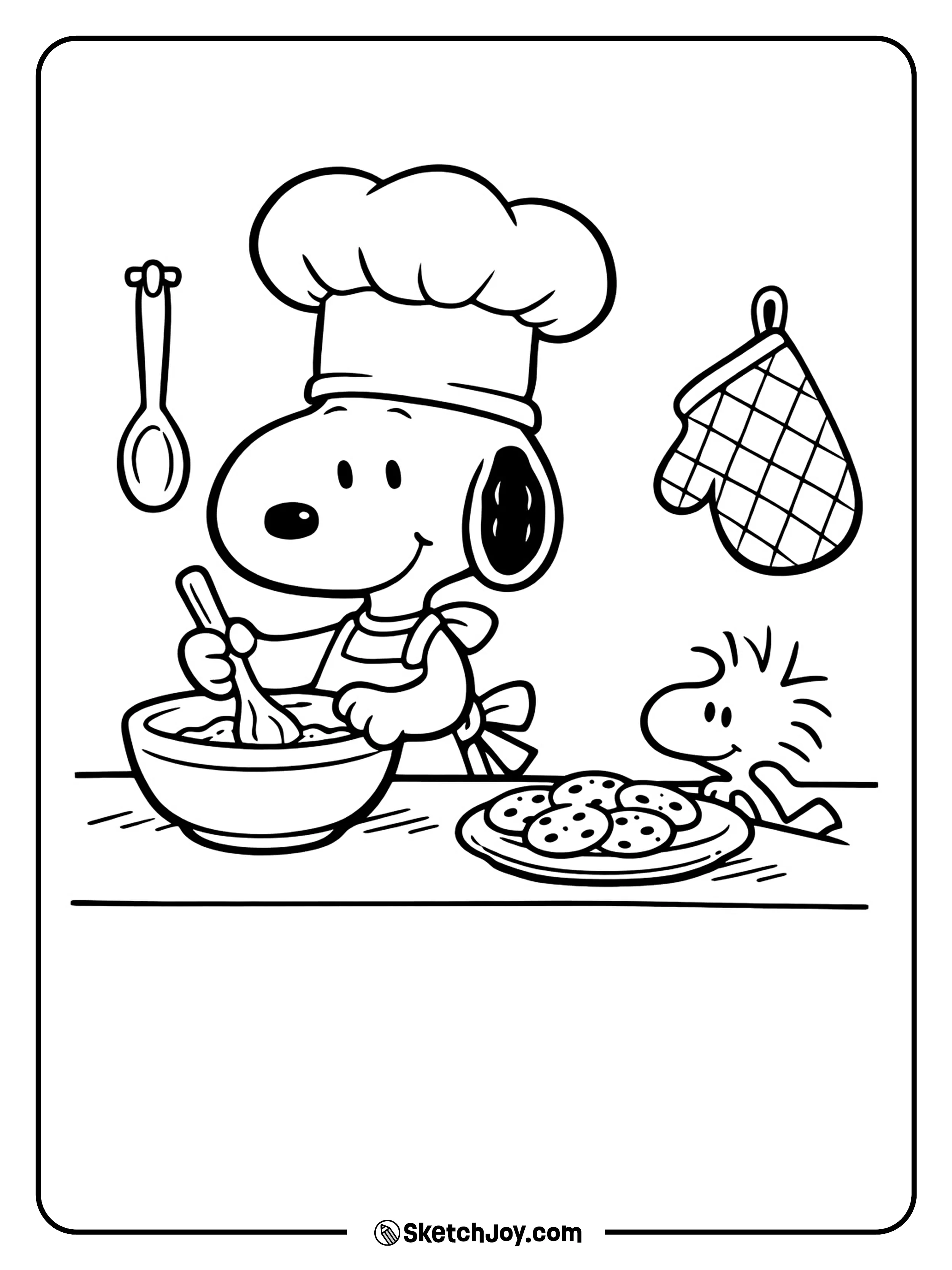Snoopy cooks with a big smile in a fun kitchen scene.