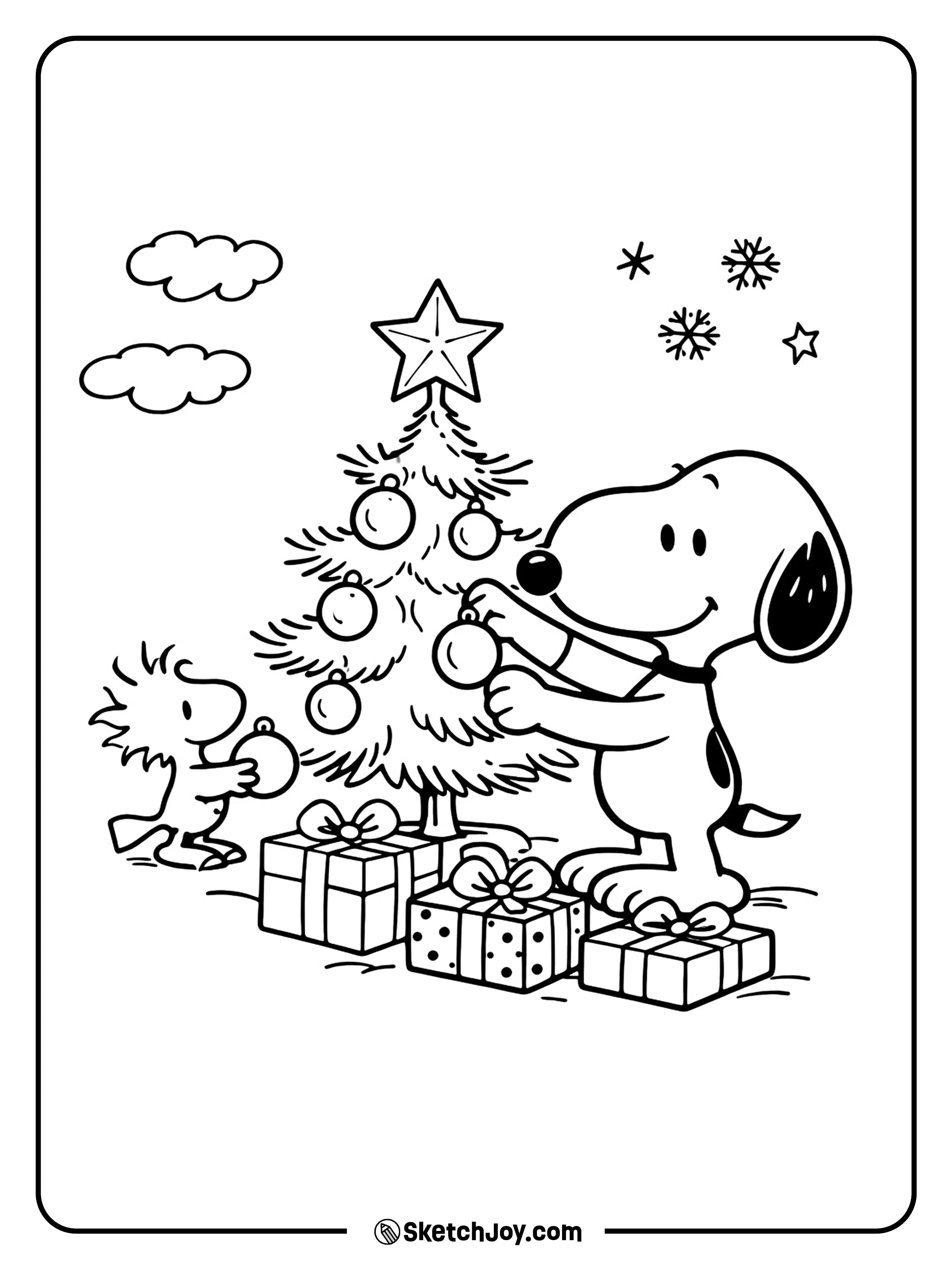Snoopy decorates a little Christmas tree with Woodstock helping too.