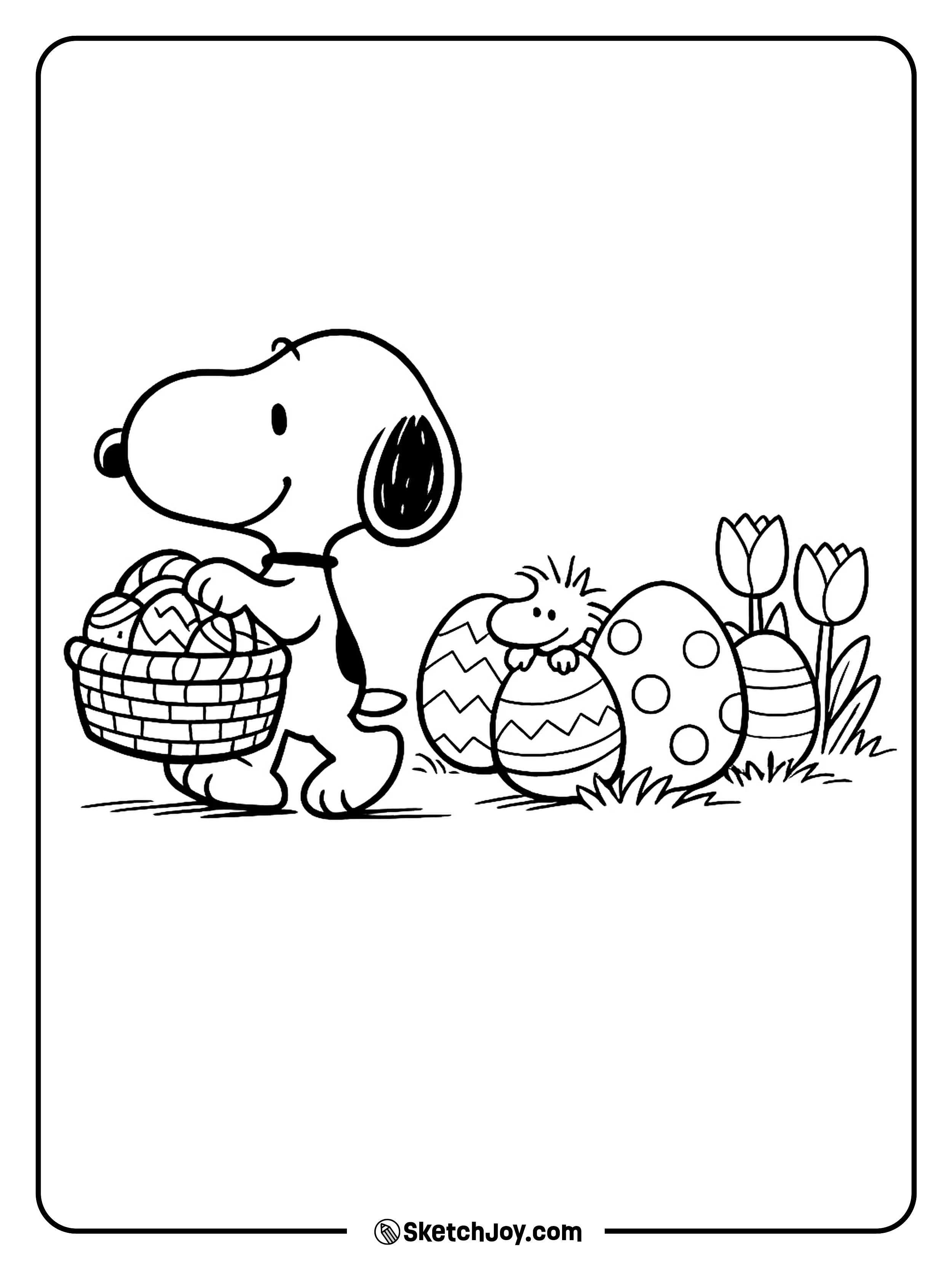 Snoopy holds an Easter basket full of decorated eggs.
