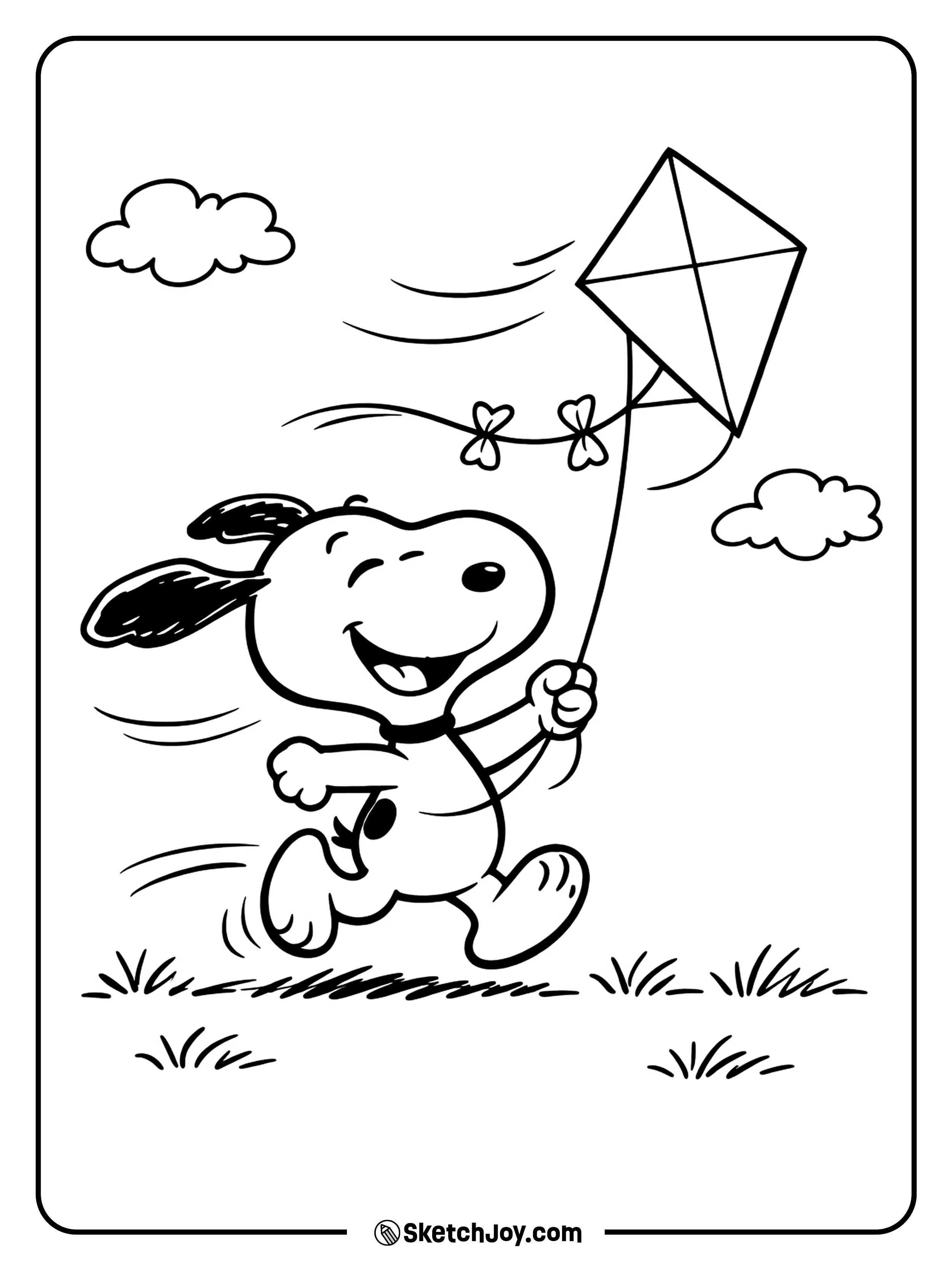 Snoopy runs with a kite on a breezy and playful day.