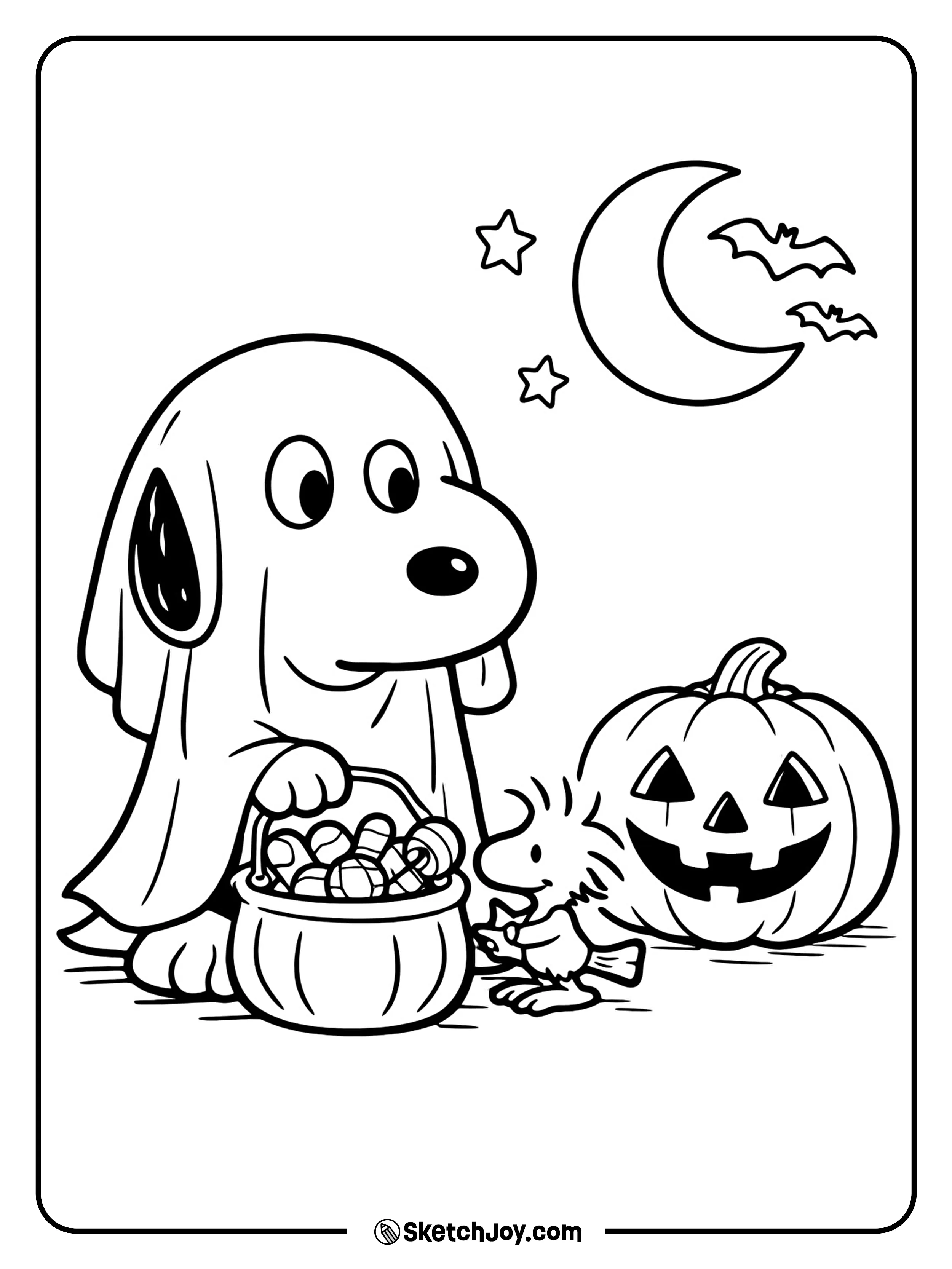 Snoopy wears a fun costume and enjoys a playful Halloween night.