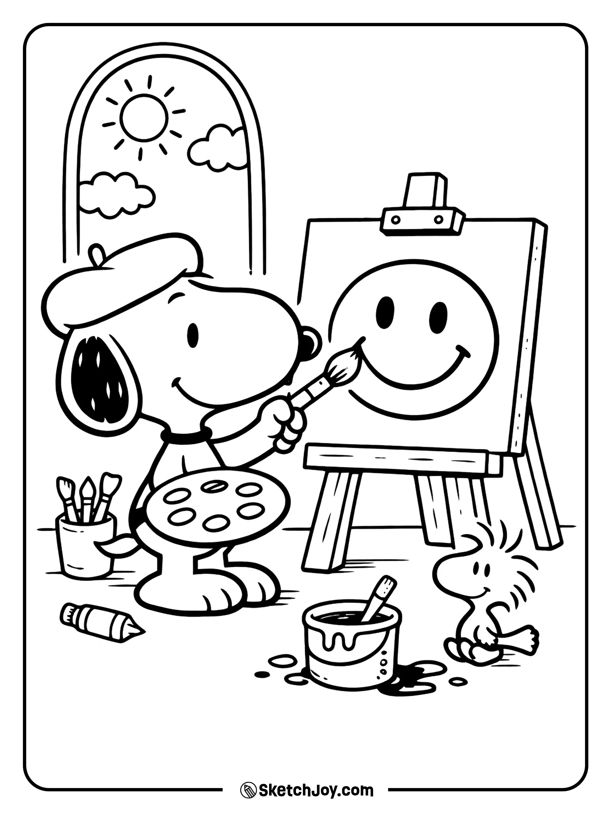 Snoopy makes art with Woodstock watching nearby.