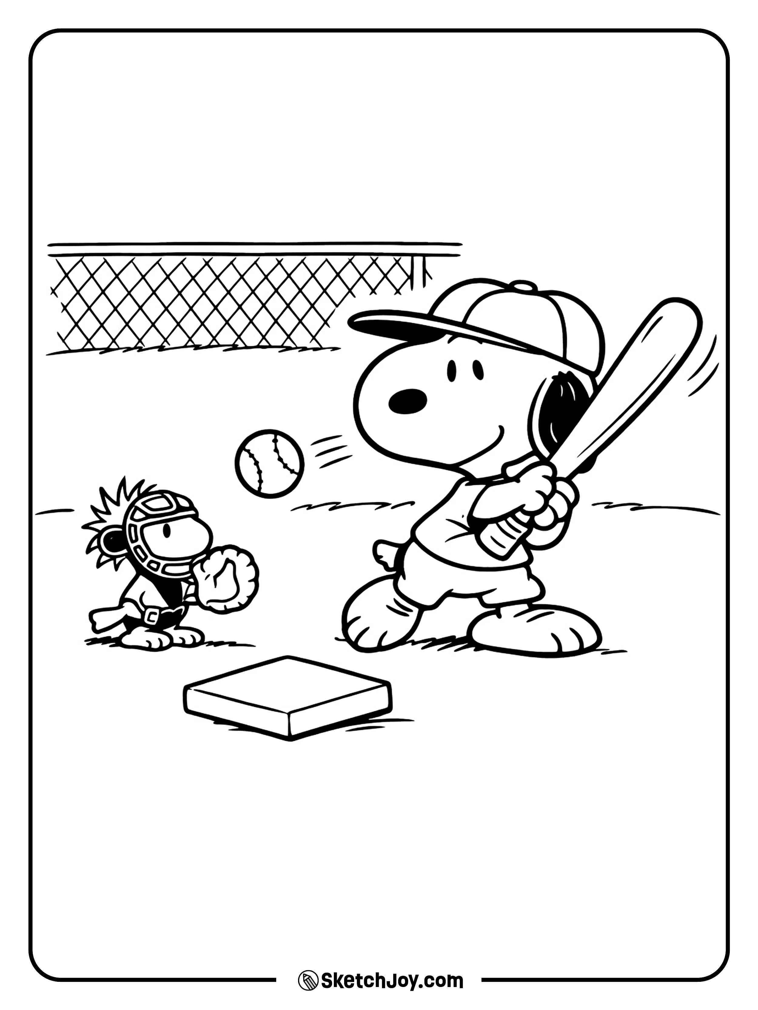 Snoopy swings a bat in a fun baseball moment.