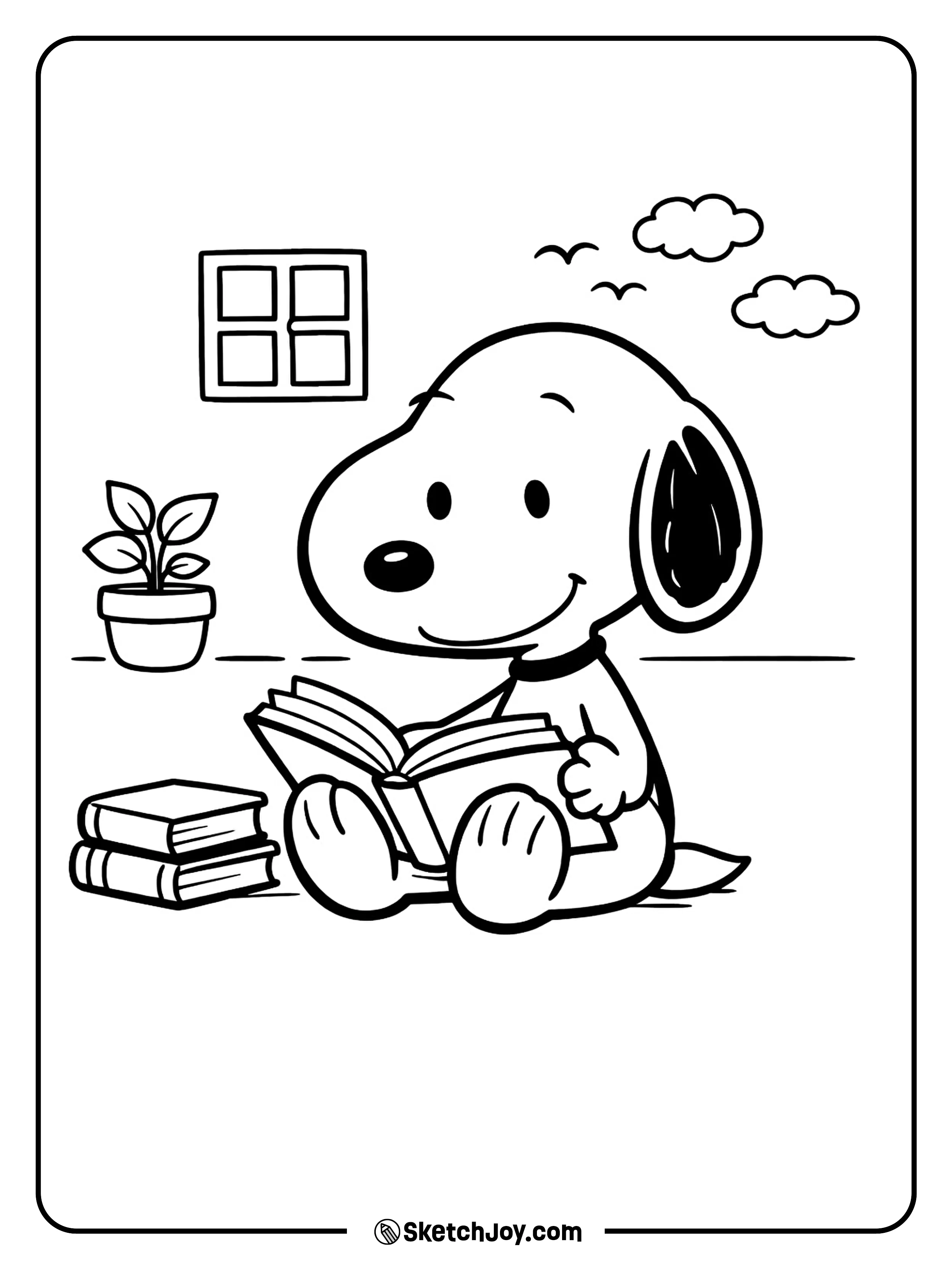 Snoopy enjoys a quiet reading time with a peaceful smile.