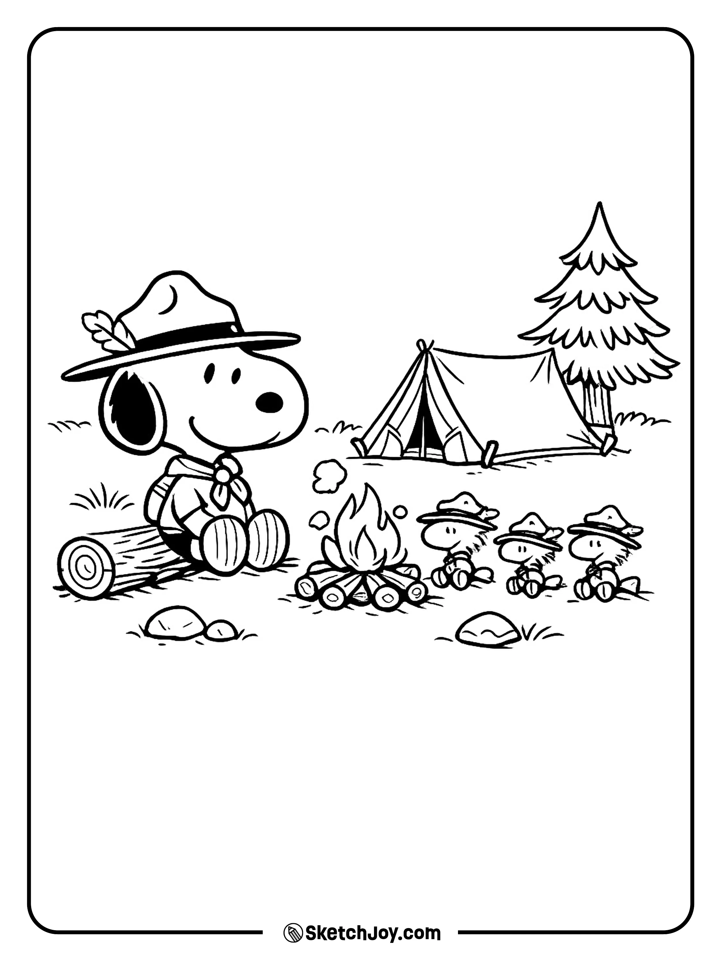 Snoopy and Woodstock enjoy a quiet campfire in the woods.