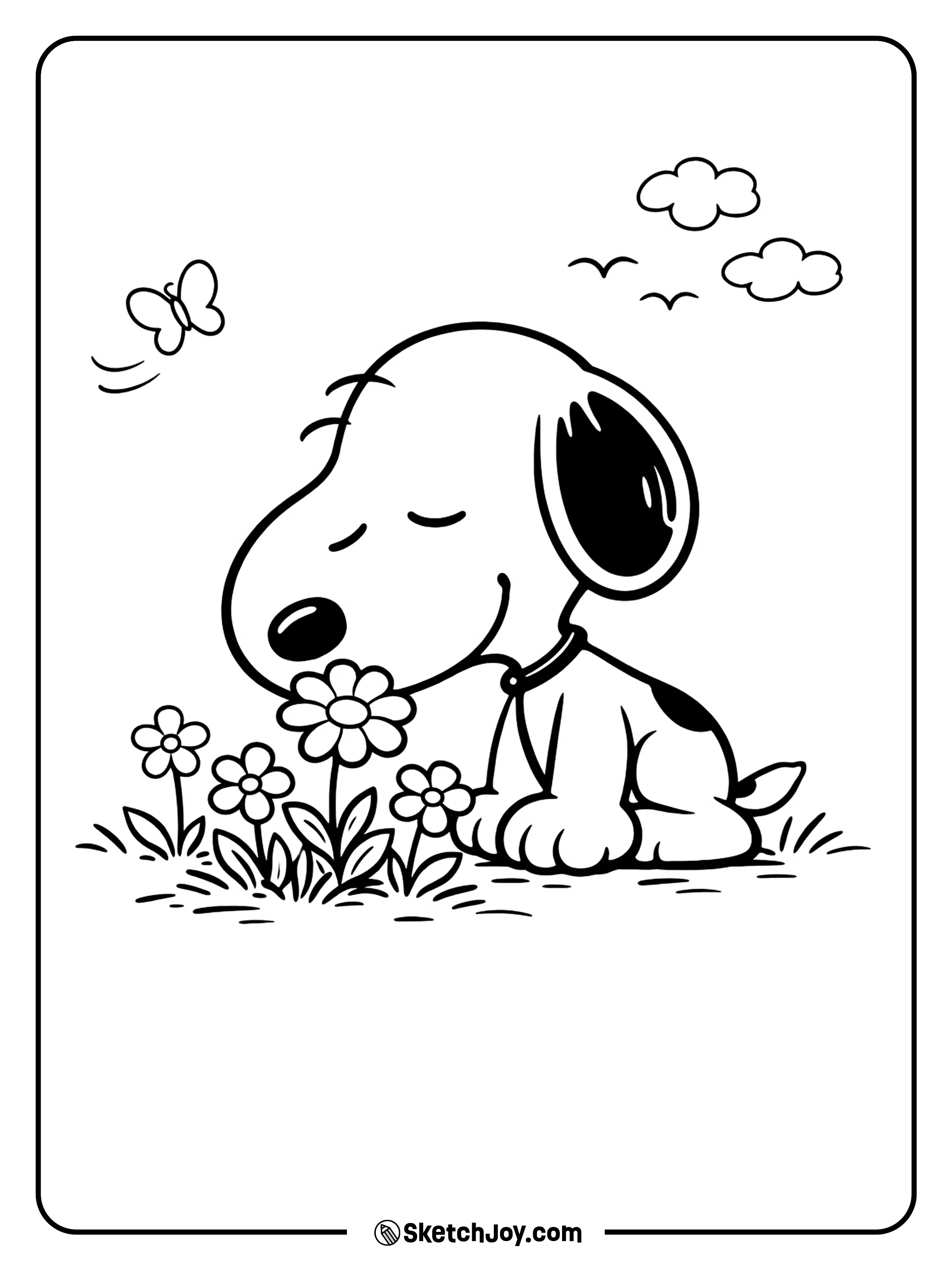 Snoopy bends down to smell a little patch of fresh flowers.