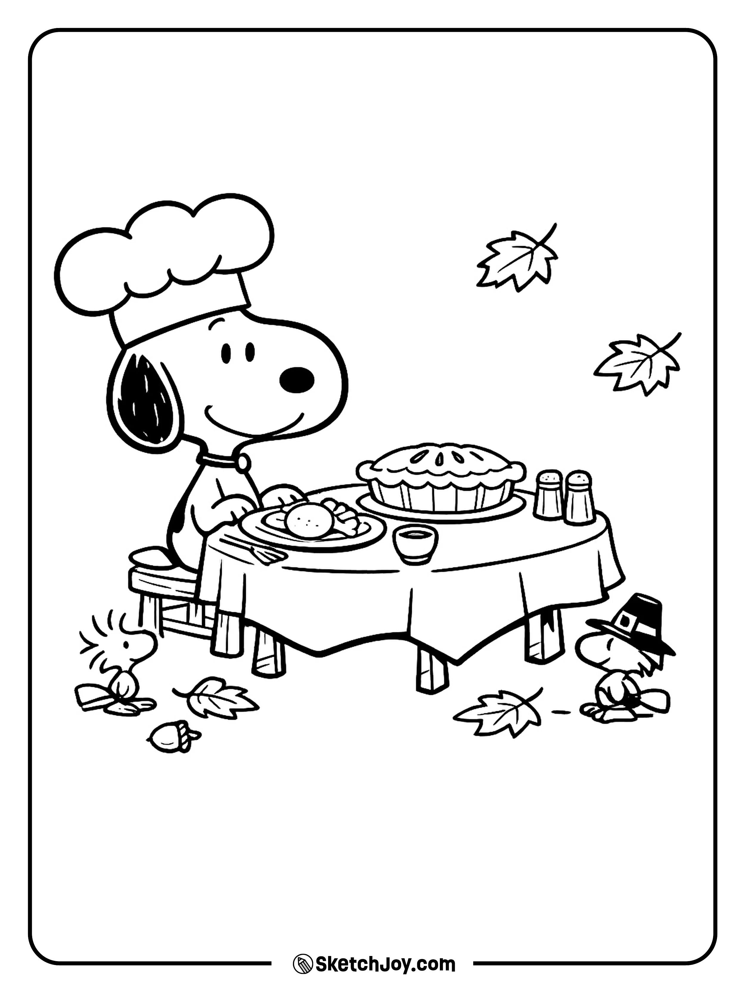 Snoopy smiles at a simple Thanksgiving meal with friends nearby.