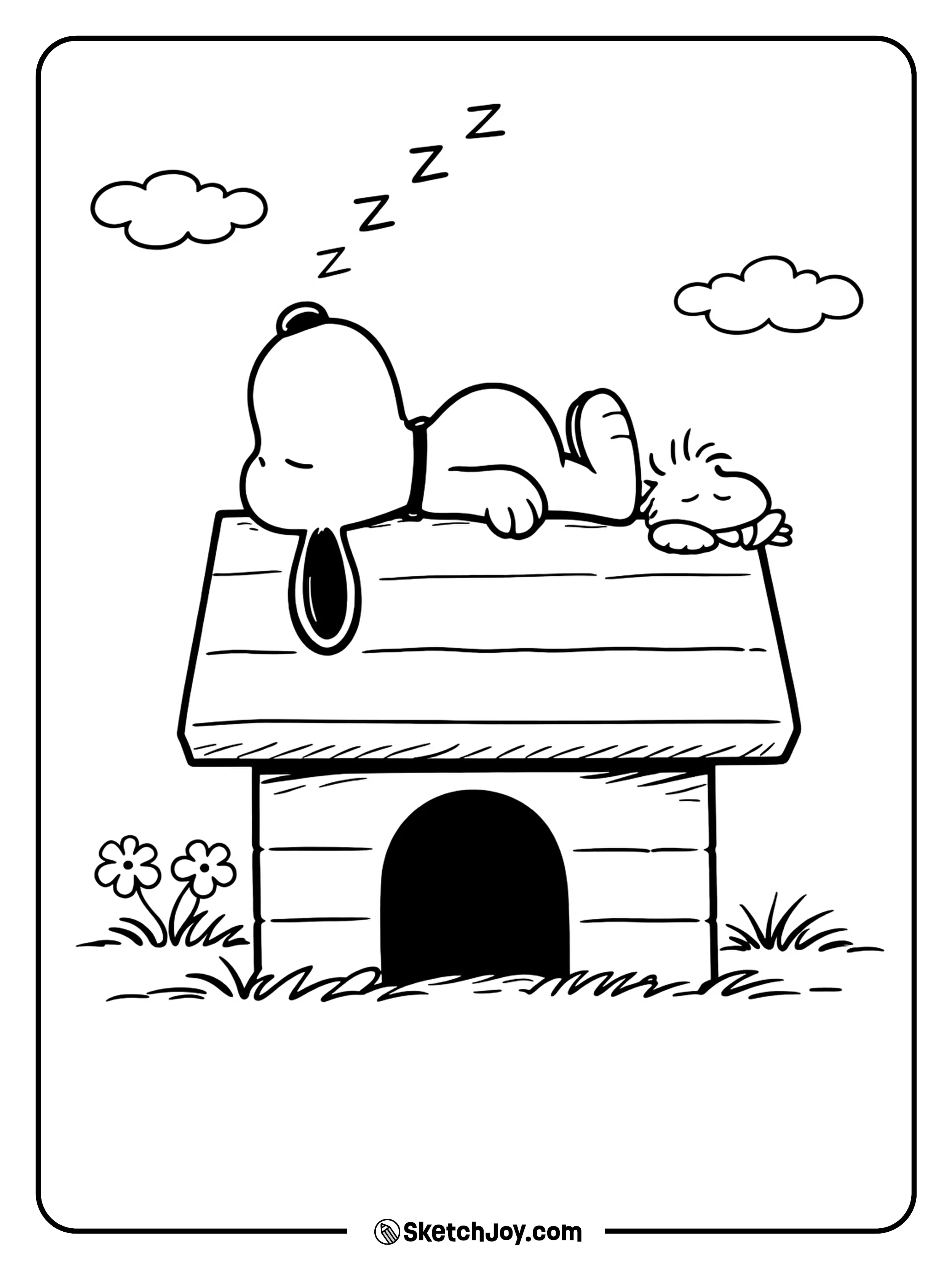 Snoopy and Woodstock rest together in a calm and cute pose.