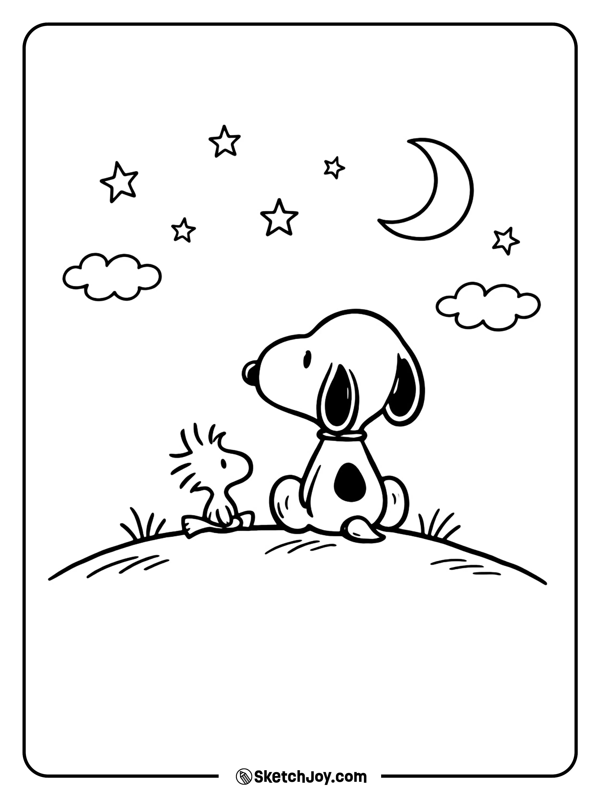Snoopy and Woodstock sit together and look up at the night sky.