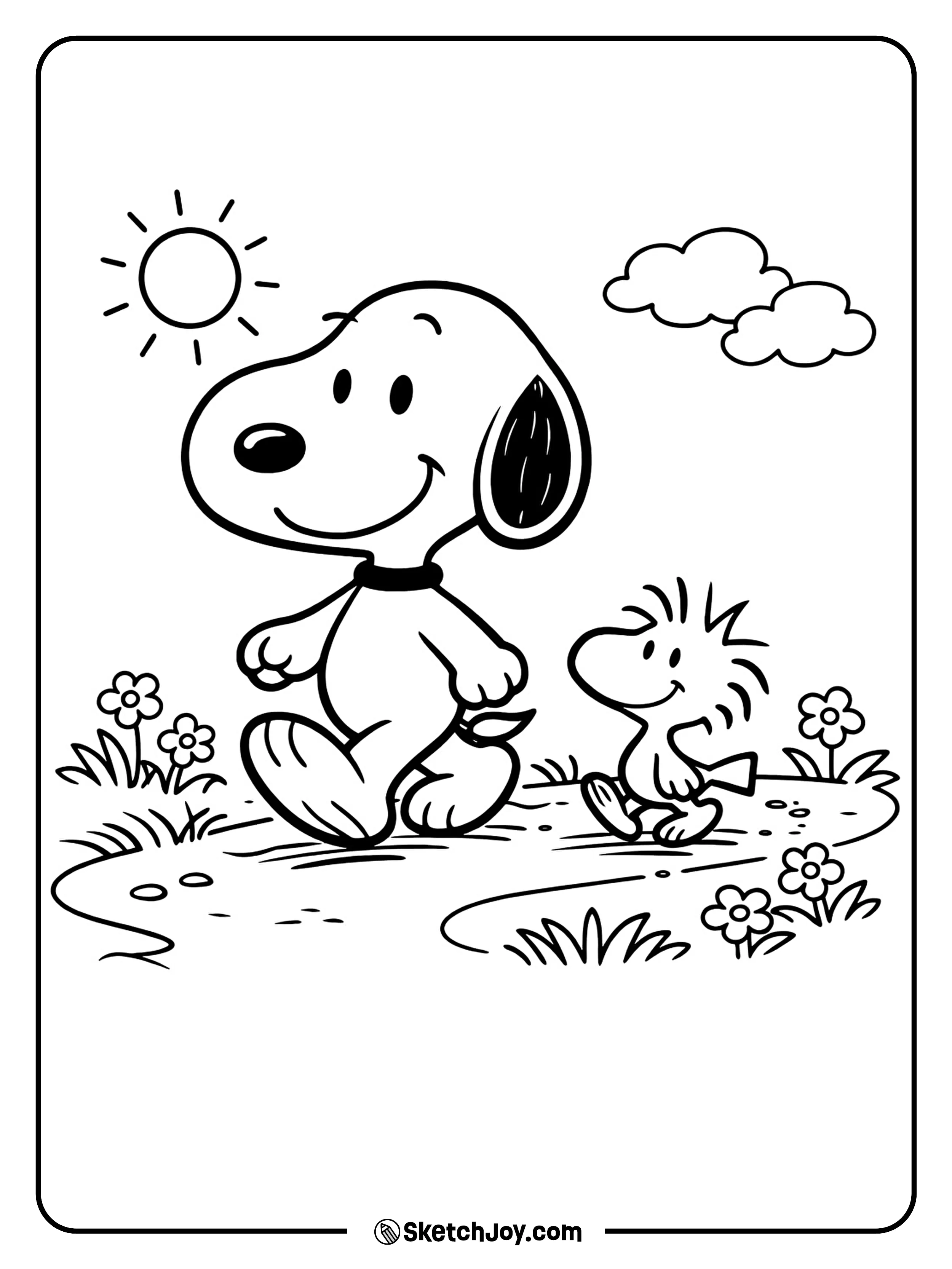 Snoopy and Woodstock stroll together like best friends on a calm day.