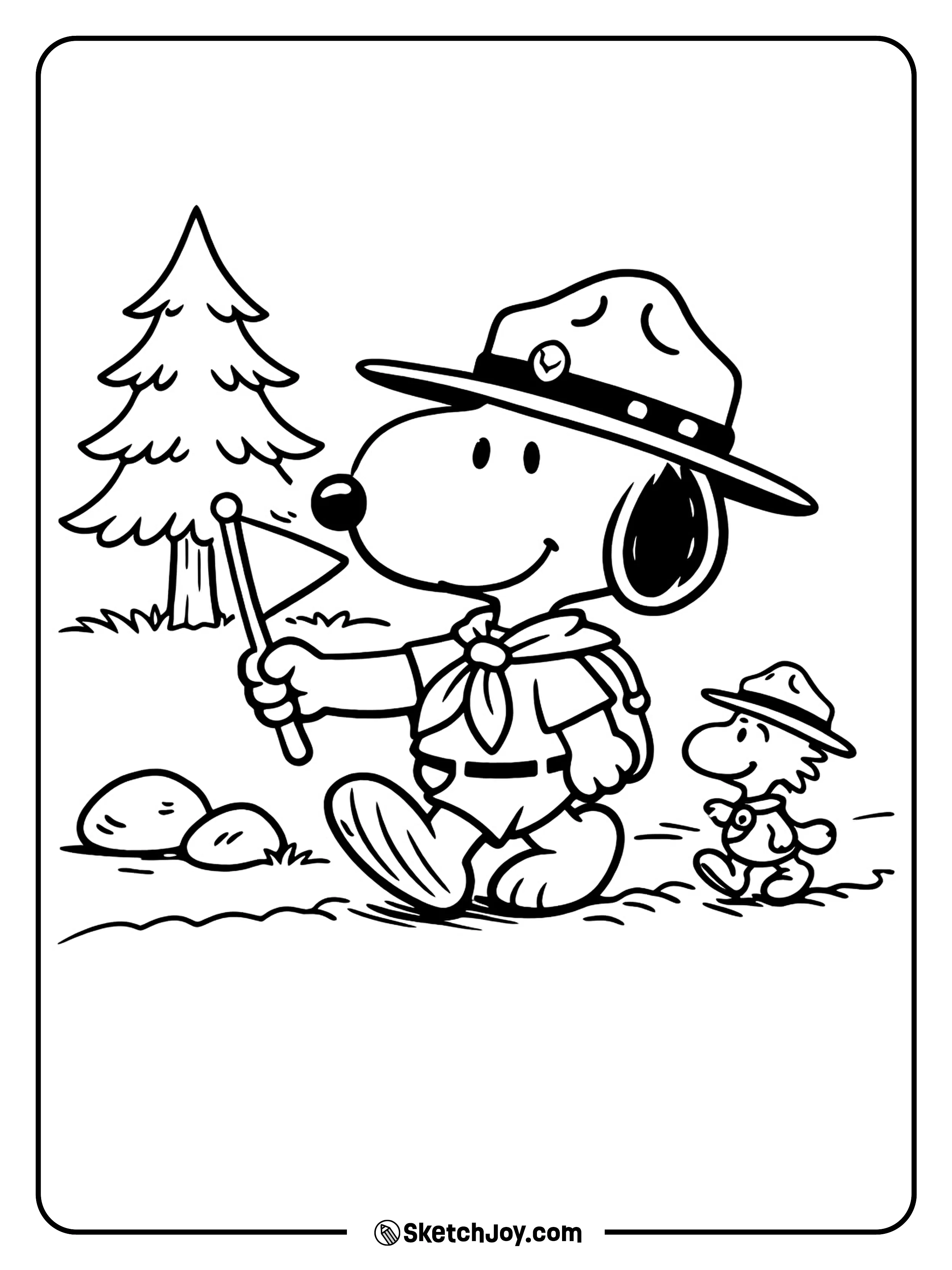 Snoopy marches proudly as a Beagle Scout leader with Woodstock nearby.