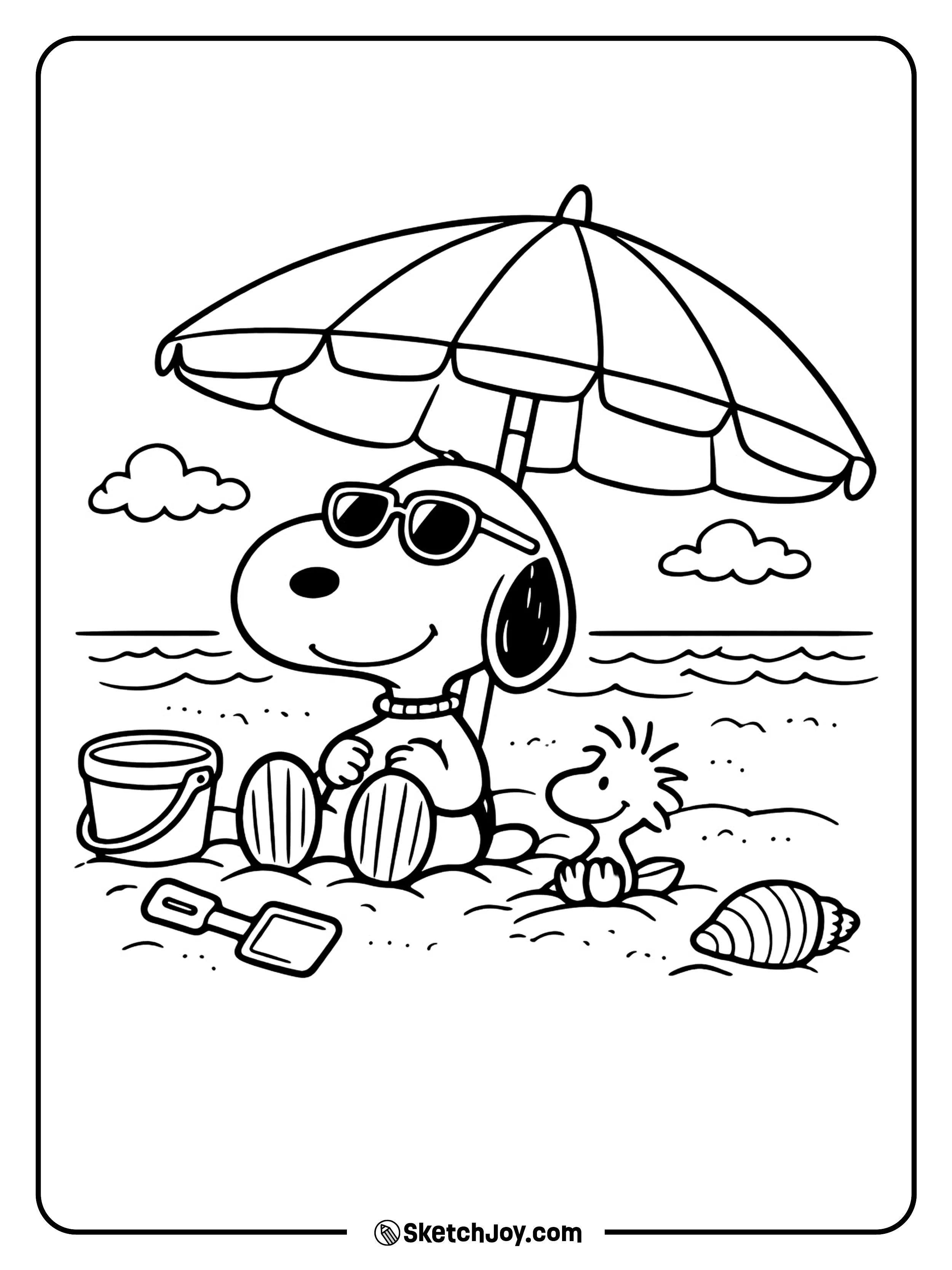 Snoopy enjoys a sunny beach day with simple seaside fun.