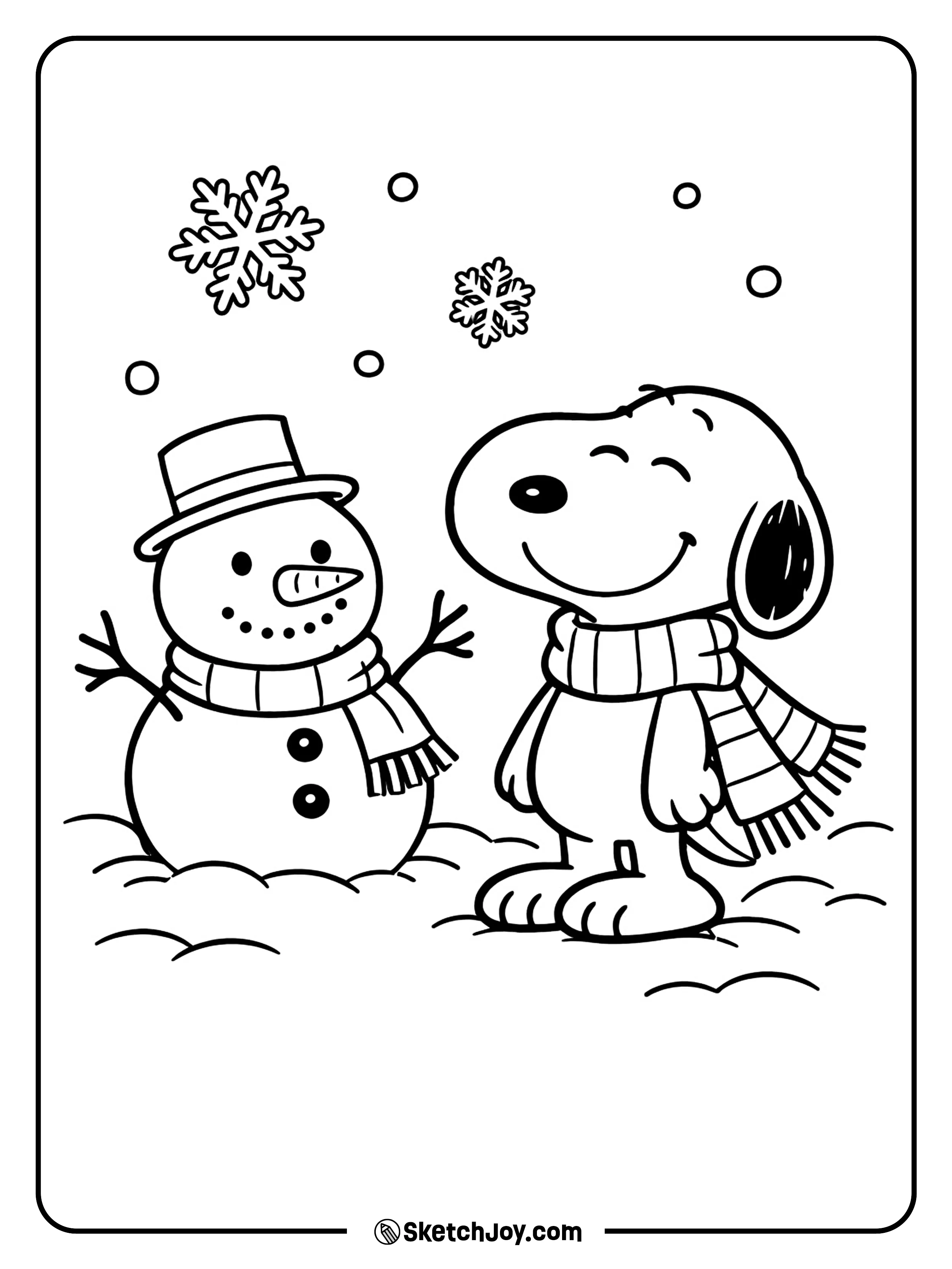 Snoopy stays warm in a scarf on a snowy day.