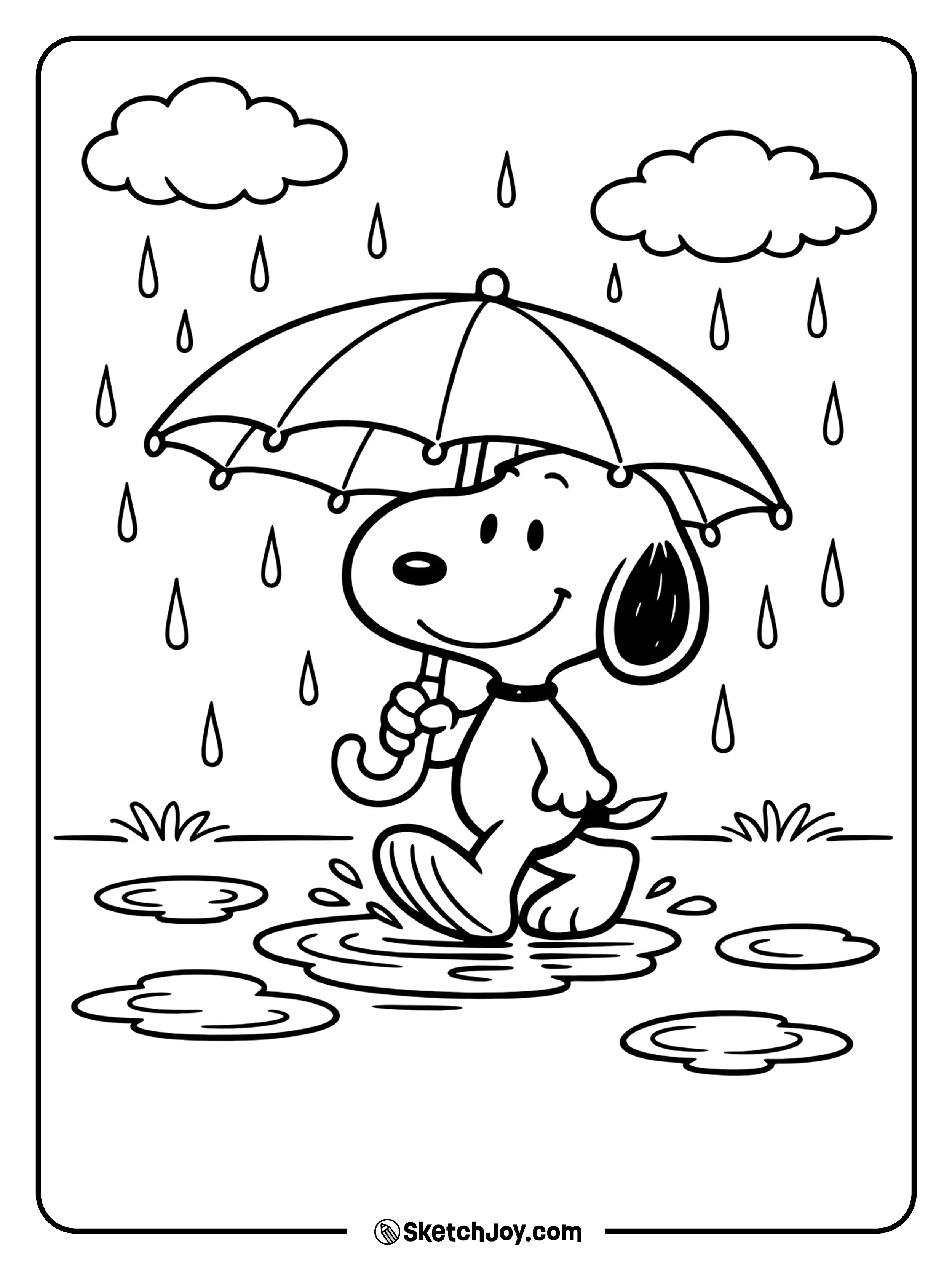 Snoopy walks with an umbrella on a rainy day.