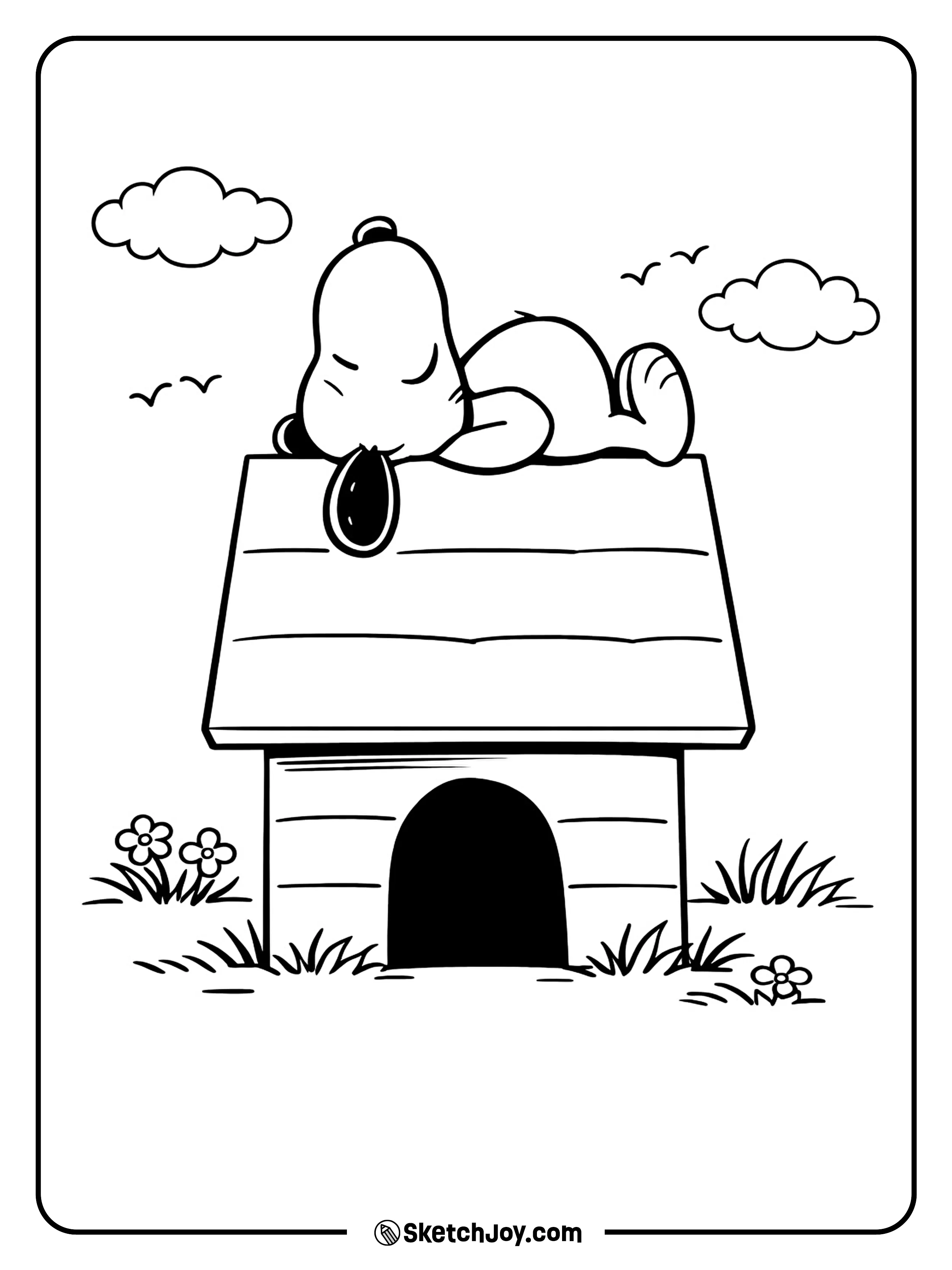 Snoopy relaxes on top of his doghouse in his classic happy pose.