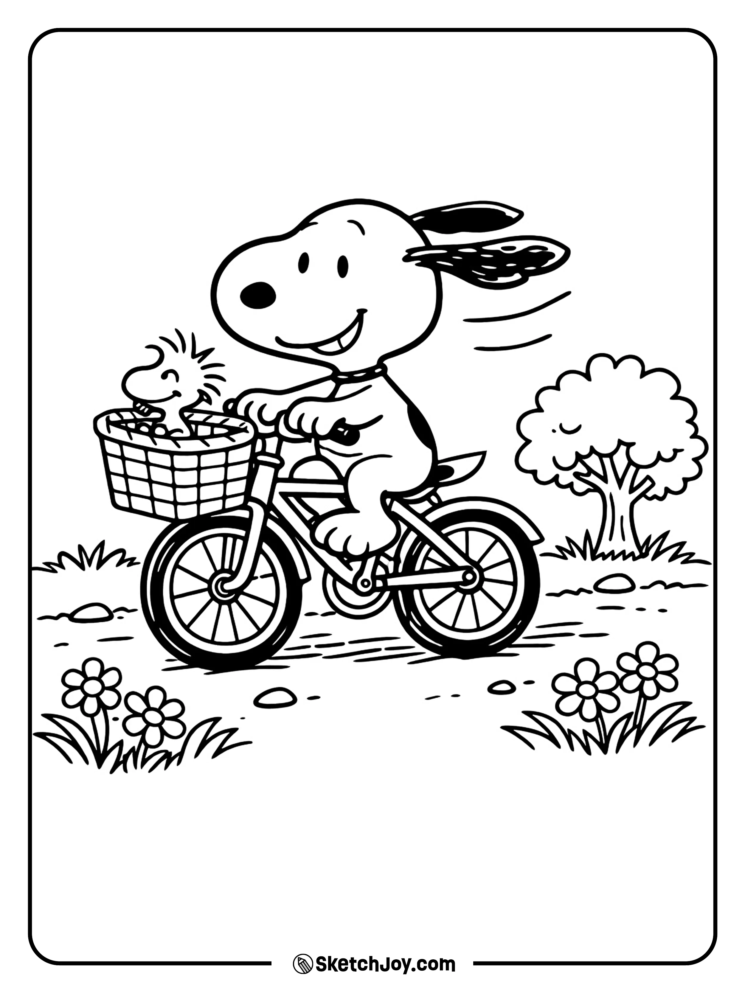 Snoopy rides a bike with a bright and cheerful look.