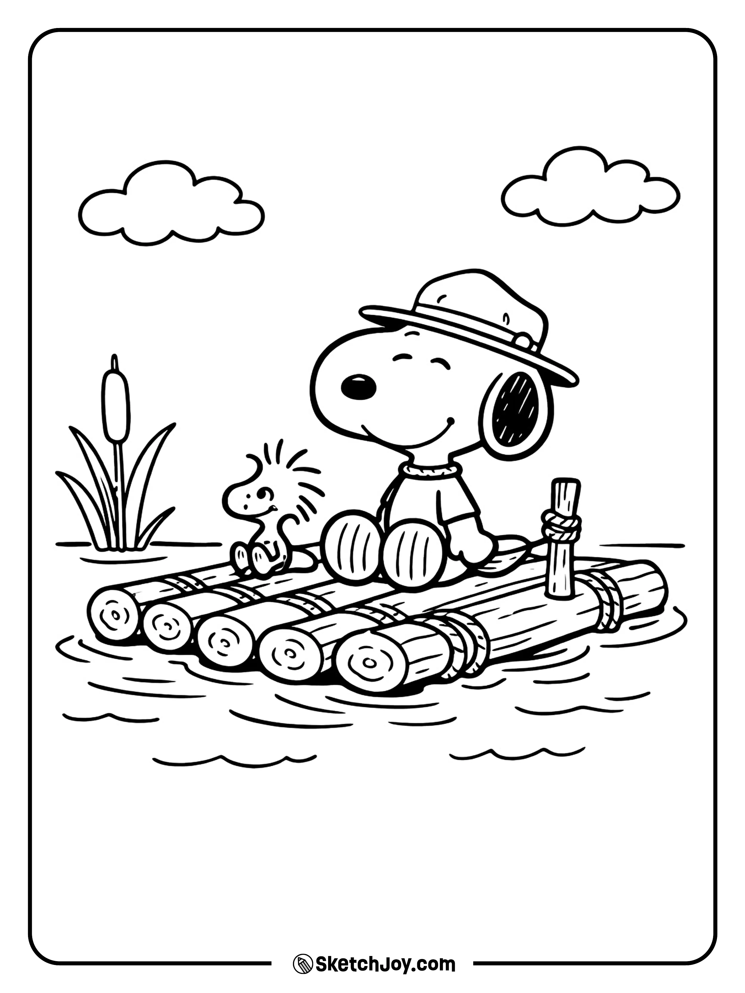 Snoopy floats on a small raft with Woodstock on a sunny day.