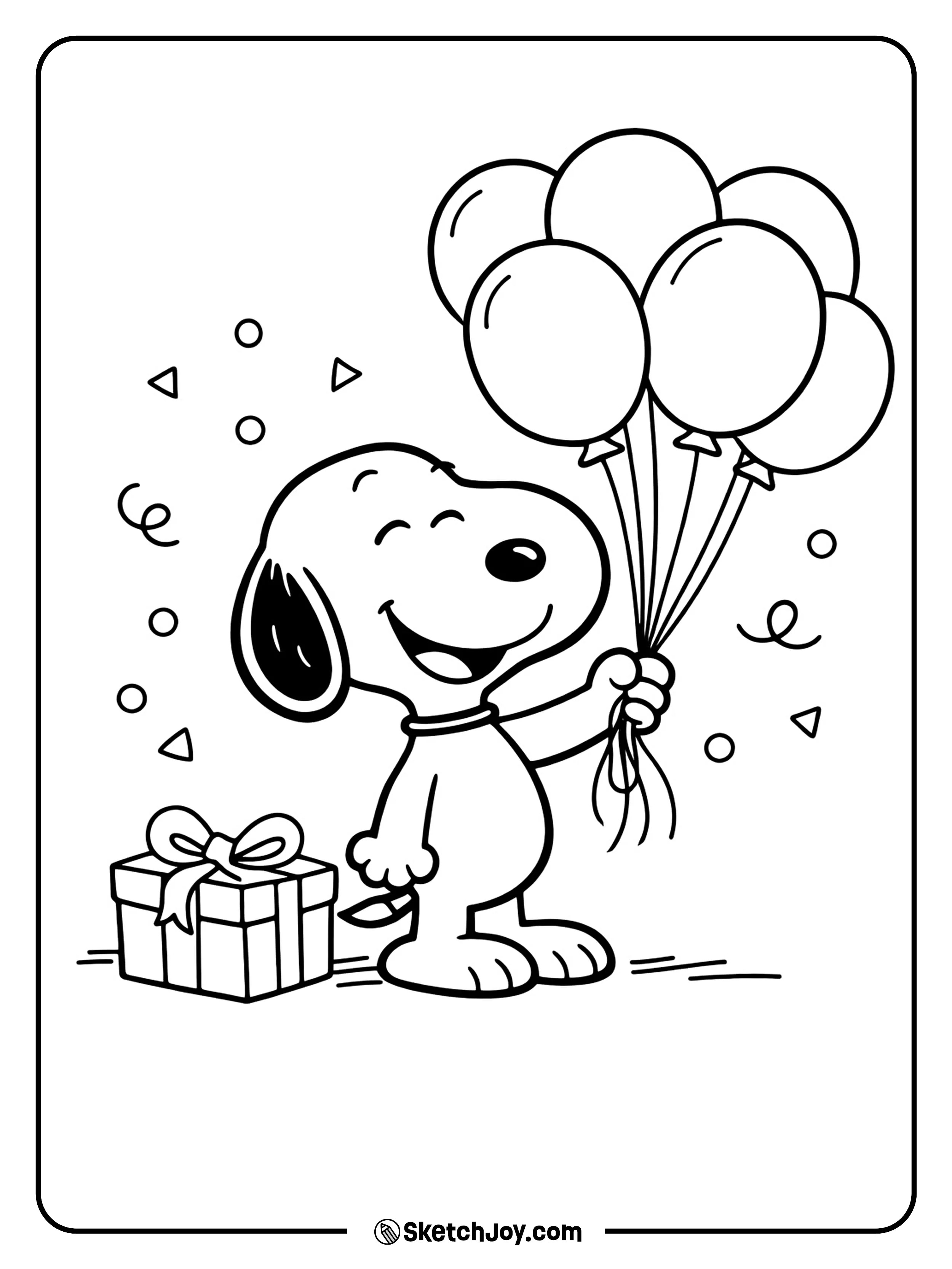 Snoopy holds a bunch of balloons and looks ready for a party.