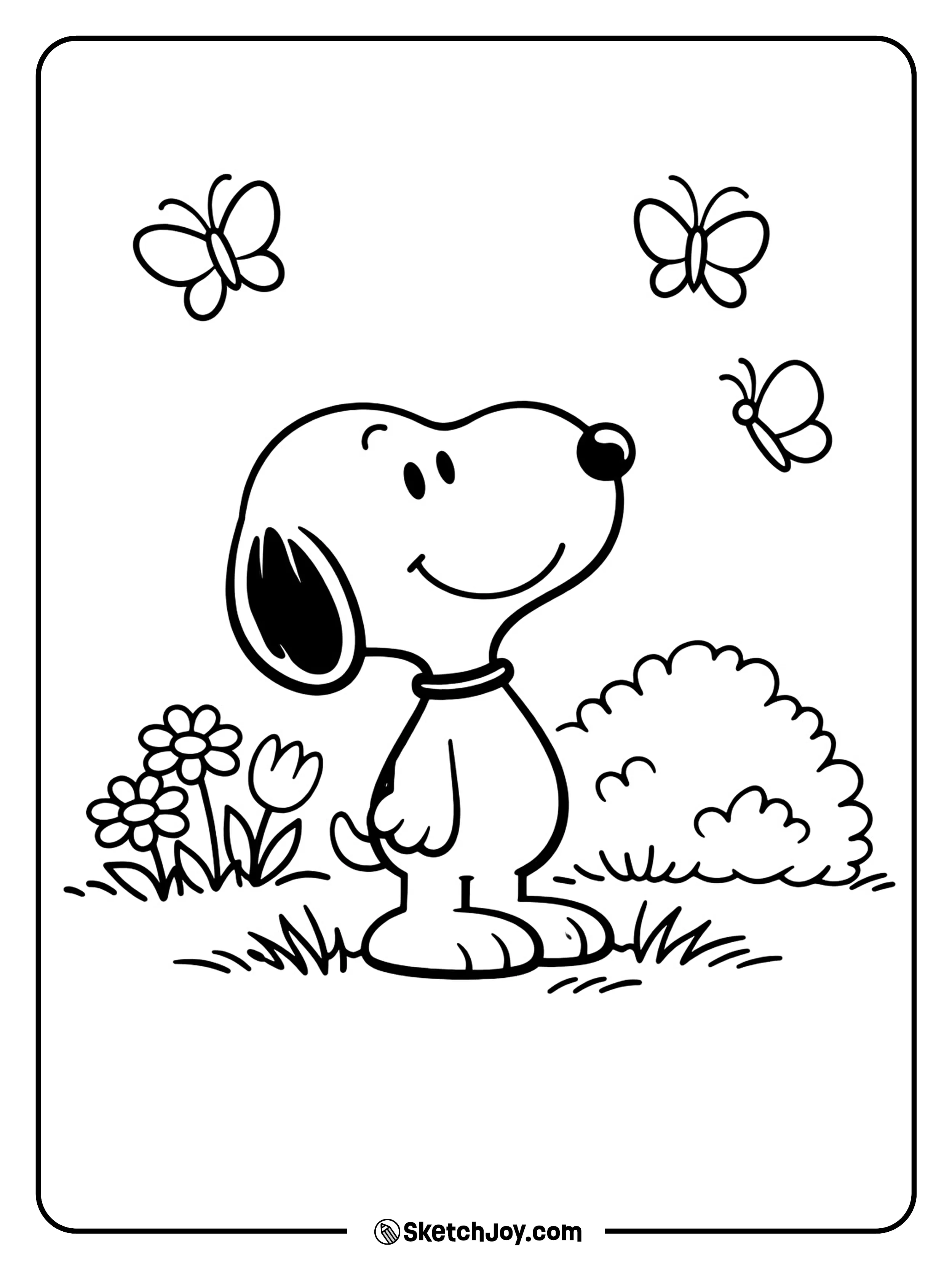 Snoopy watches little butterflies flutter around him in spring.