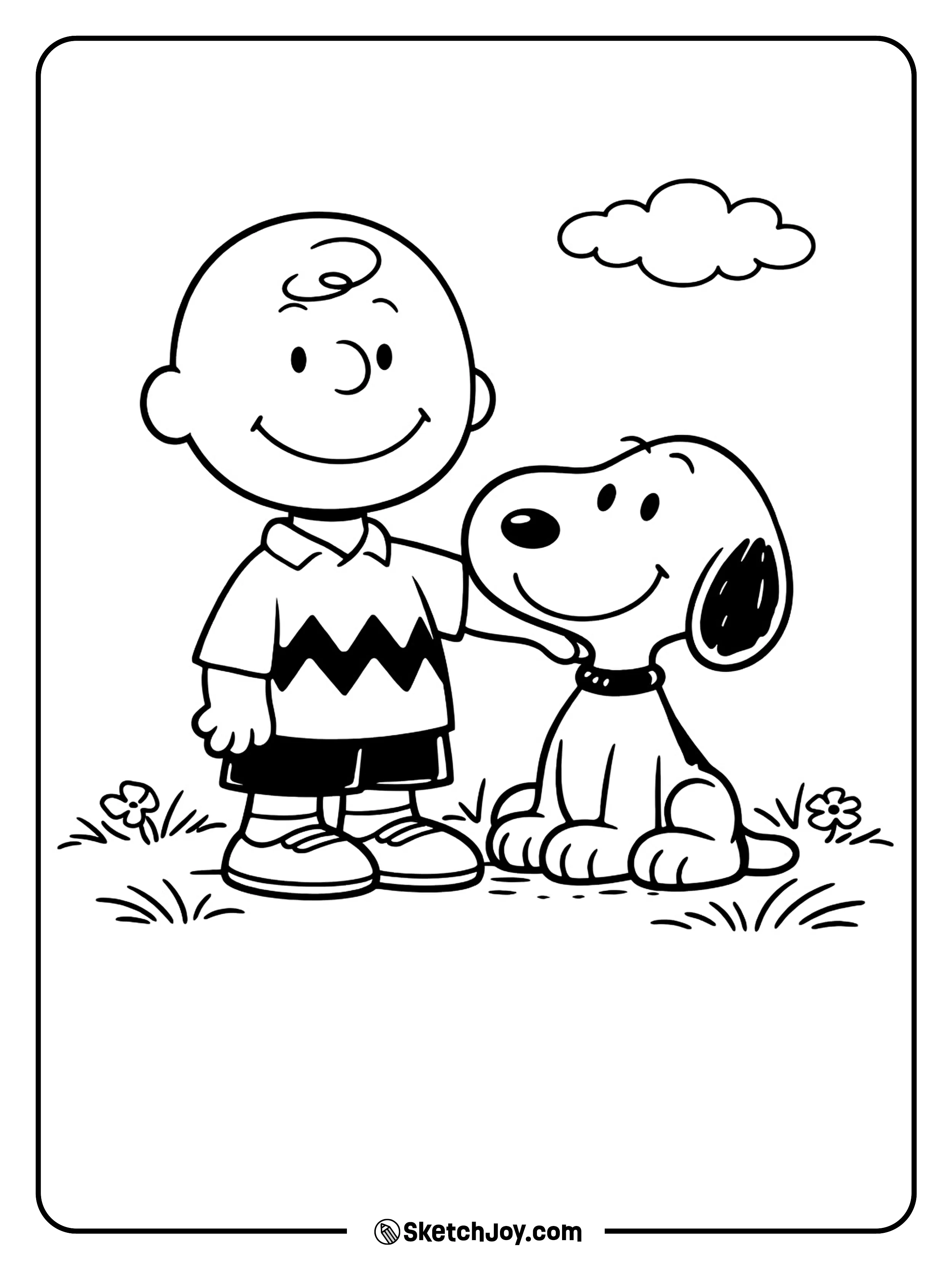Snoopy stands close to Charlie Brown in a warm friendship moment.