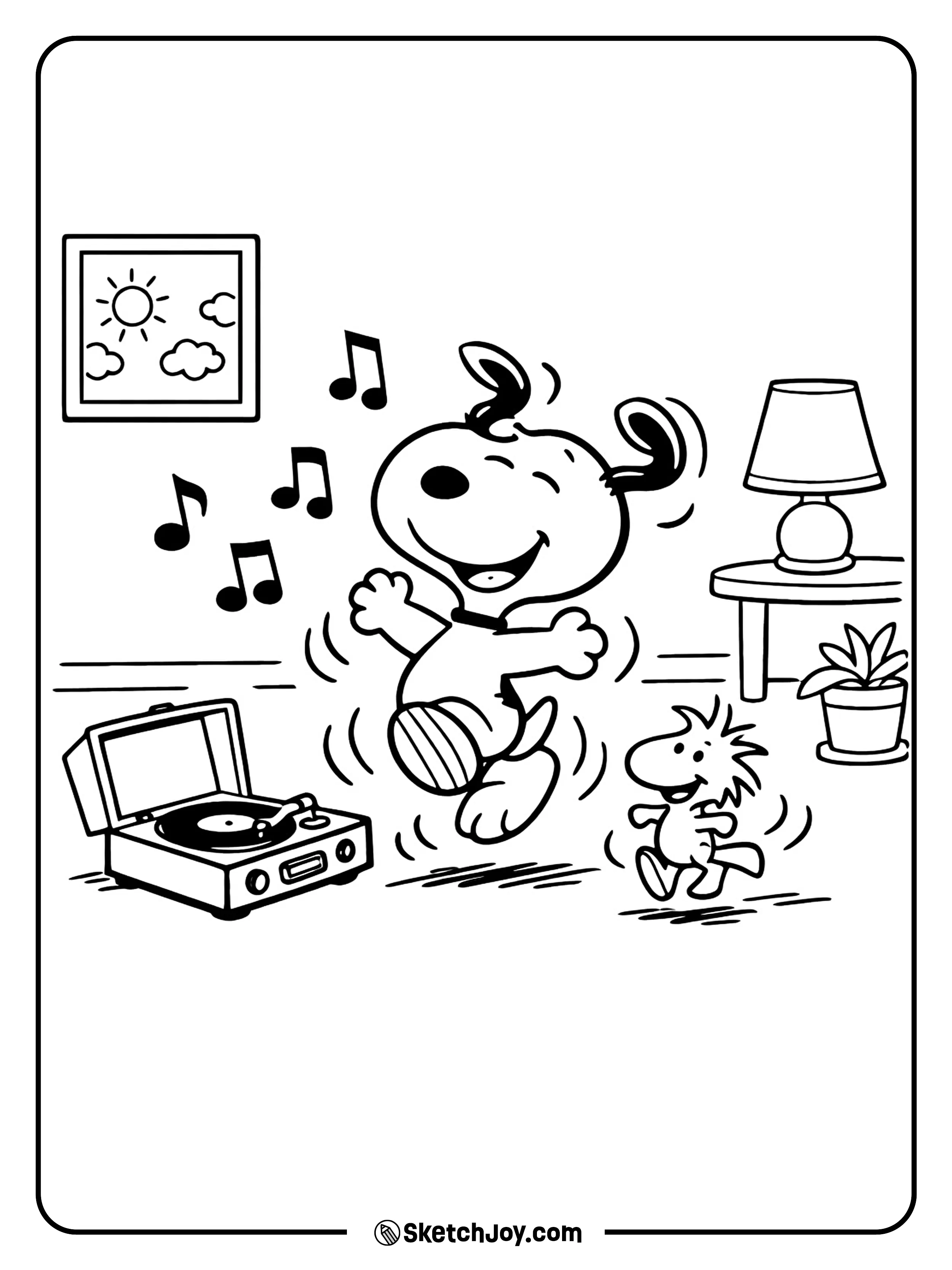 Snoopy enjoys music and moves with a happy rhythm.