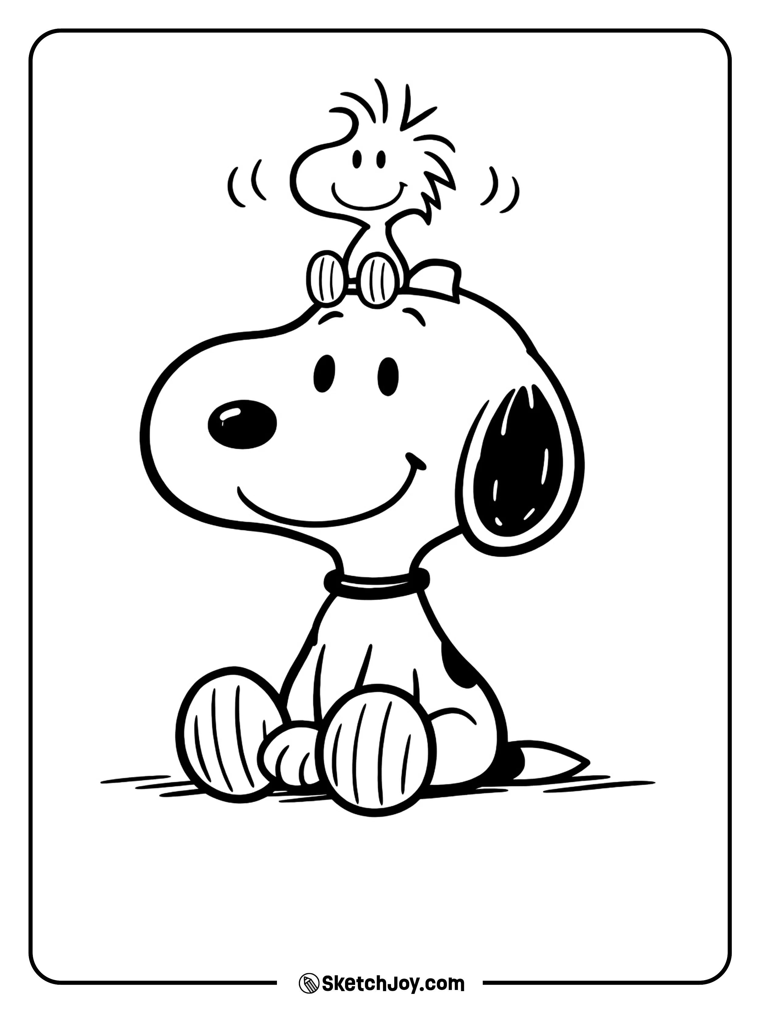 Woodstock sits on Snoopy’s head in a funny and cute pose.