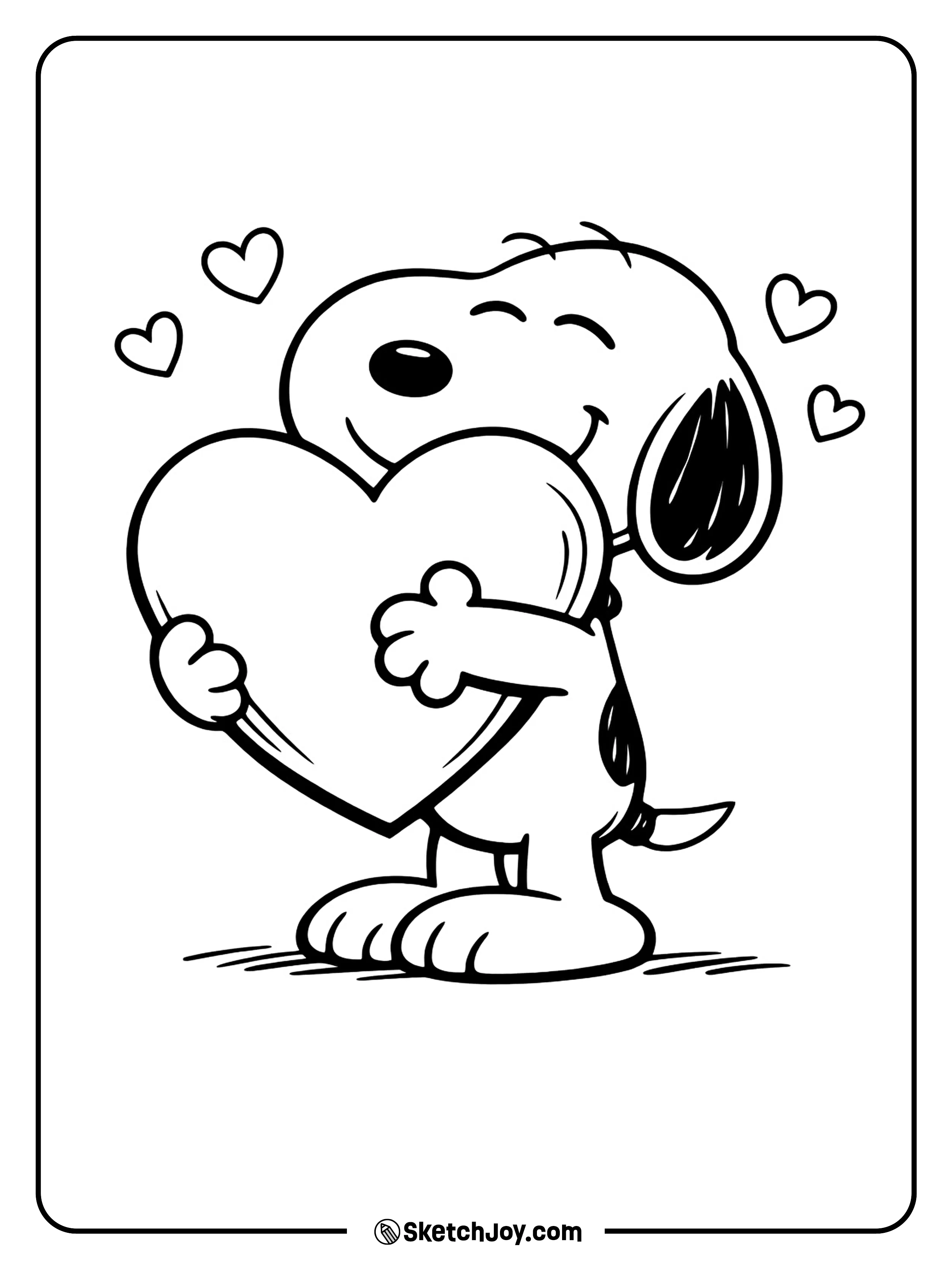 Snoopy holds a big heart and looks full of love and joy.
