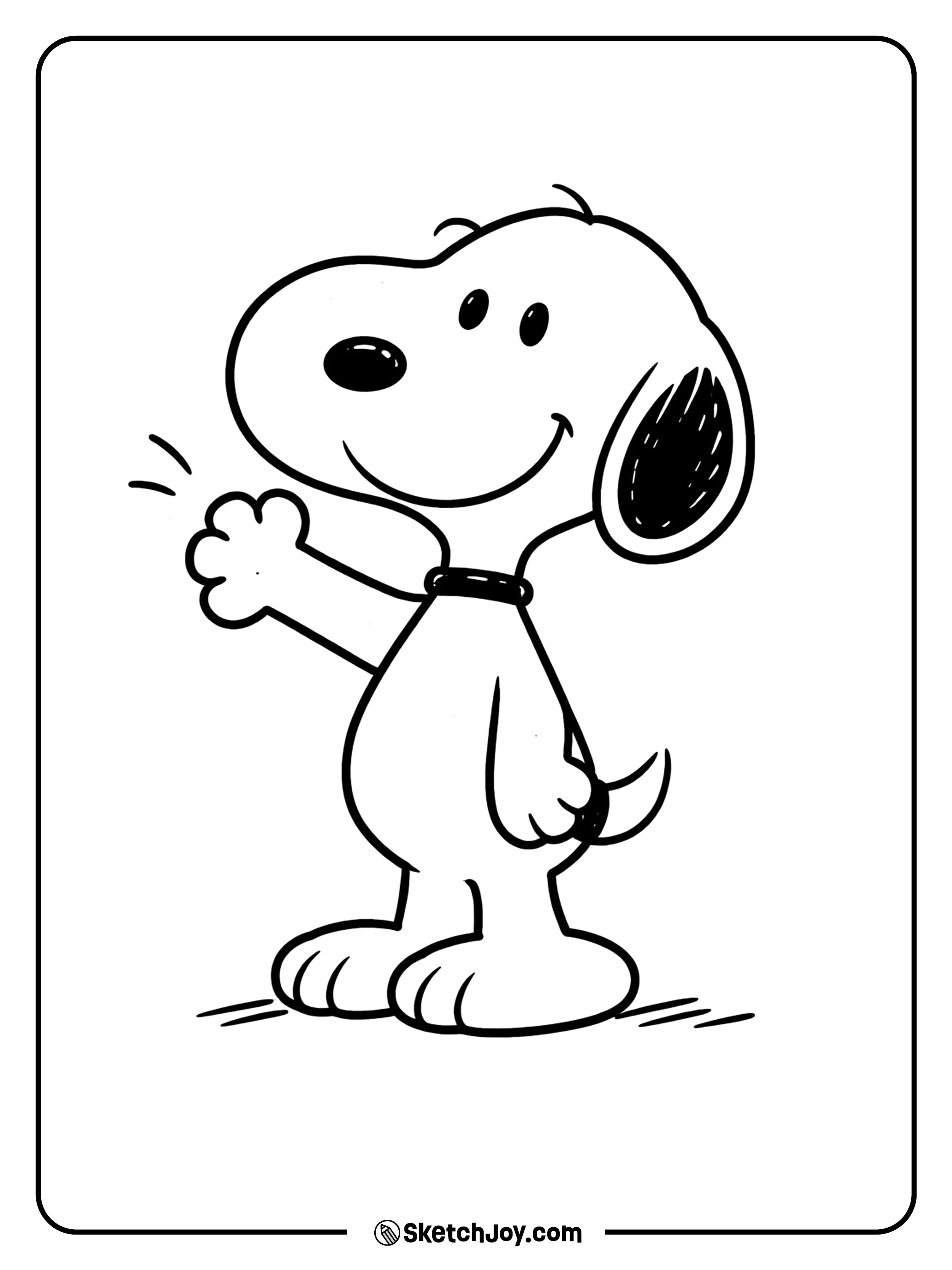 Snoopy stands in a cheerful pose with his classic happy face.
